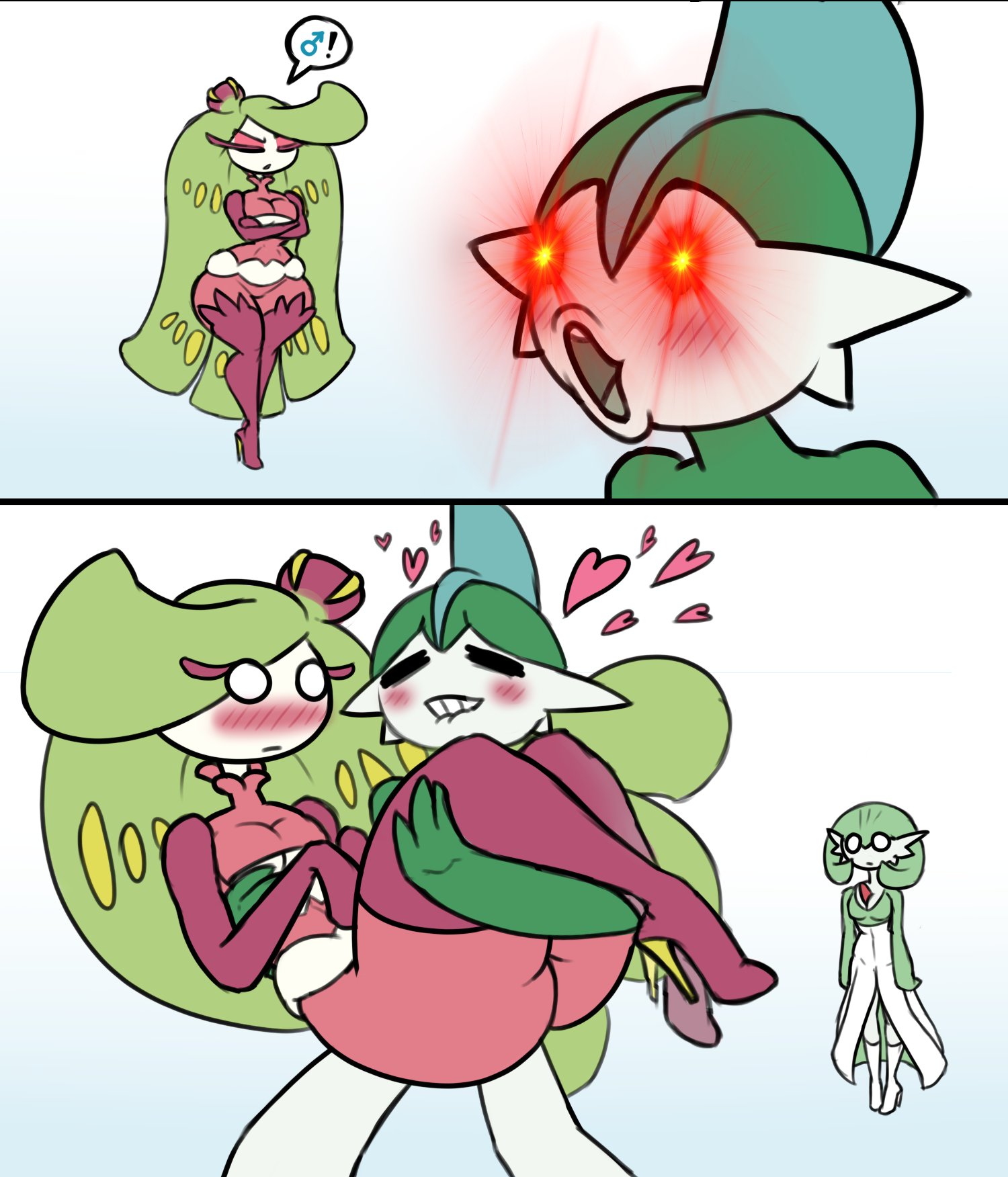 1girls, 2boys, accidentally gay, ahe gao, anthro, ass, bewitching thighs, blush, blushing at another, blushing at partner, comic page, female, fuck me boots, gallade, gardevoir, heart, heart symbol, high heel boots, high heels, male, male/male, pick one, picked up, pogchamp, pokemon, pokemon (species), rule 63, sfw, shiny eyes, tsareena, venela, venela795, wide hips
