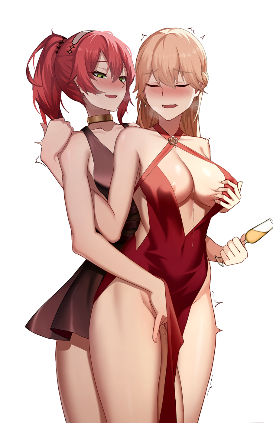 2girls cero_(last2stage) closed_eyes collar dress female_masturbation fingering girls'_frontline green_eyes highres masturbating_other multiple_girls open_mouth orgasm ots-14_(girls'_frontline) pussy_juice r93_(girls'_frontline) red_hair white_background yellow_hair yuri