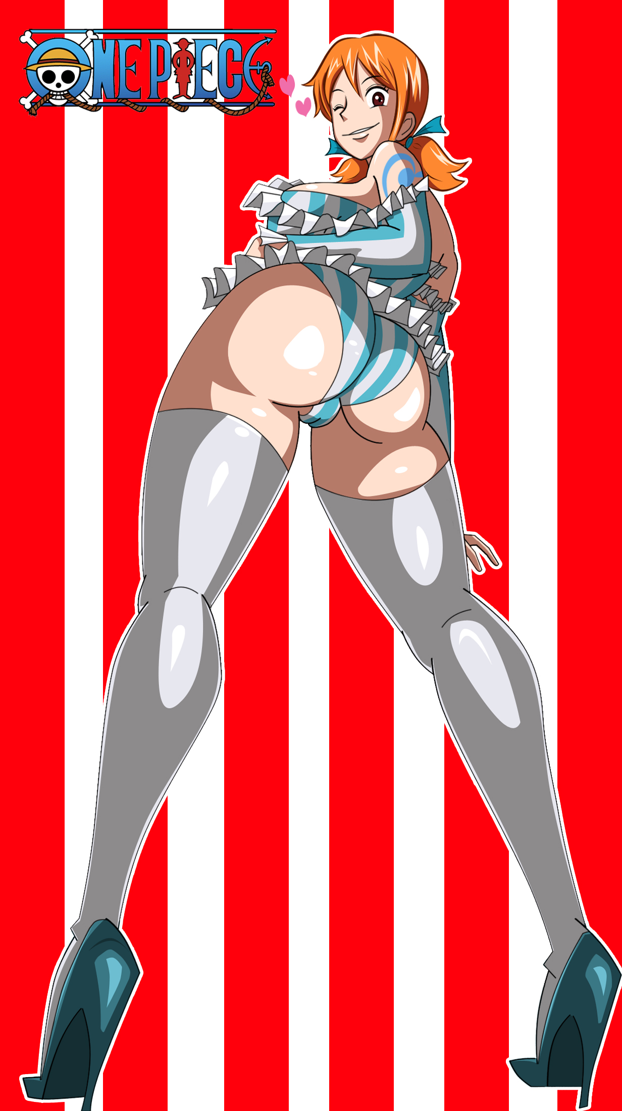 1girls, arm tattoo, ass, blue tattoo, clothing, female, female only, grimphantom, high heels, legs, looking at viewer, nami (one piece), one piece, orange hair, orange-haired female, short hair, smile, tattoo