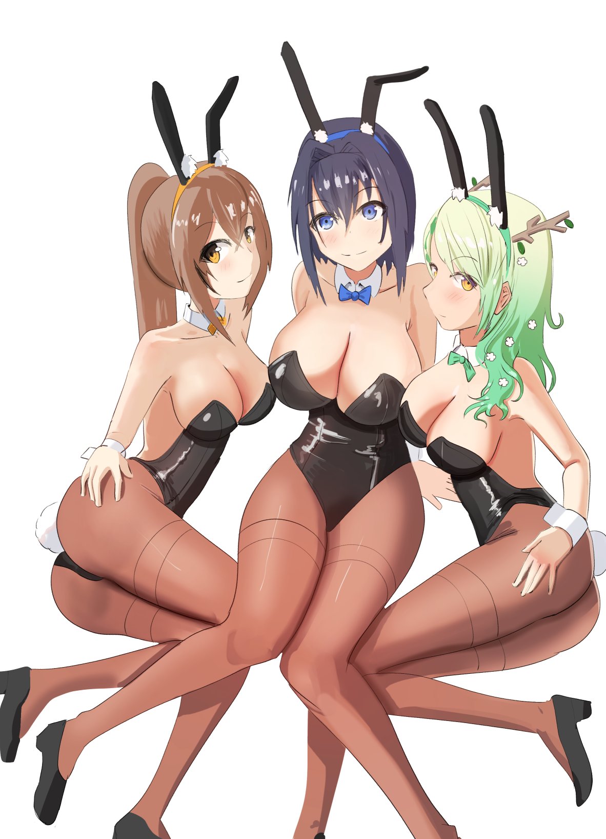 3girls angelchama ass_focus back basic_background big_penis bunnysuit ceres_fauna dat_ass female_focus female_only green_hair high_resolution hololive hololive_english hololive_english_-council- hololive_english_-promise- horns long_hair medium_breasts nanashi_mumei ouro_kronii short_hair virtual_youtuber