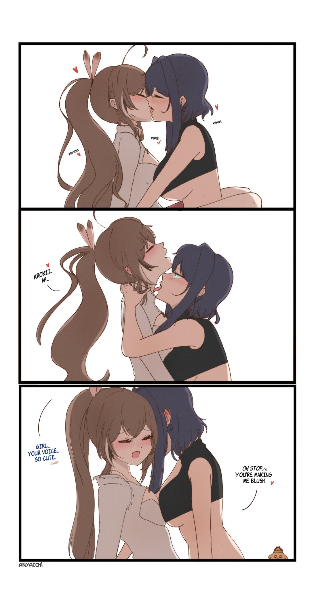 2girls anyacchi big_breasts comic dialogue female female_only hololive hololive_english hololive_english_-council- hololive_english_-promise- kissing licking licking_neck long_hair multiple_girls nanashi_mumei ouro_kronii short_hair small_breasts underboob virtual_youtuber white_background yuri