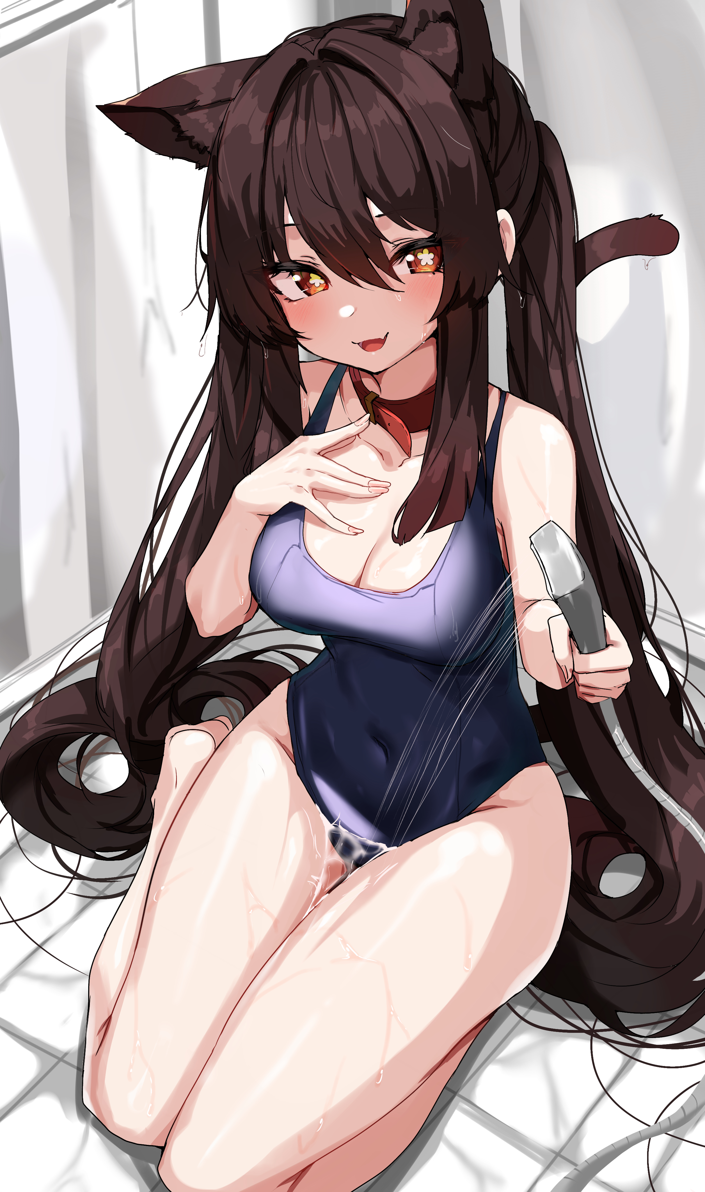 1girls, 2022, alternate breast size, bathing, bathroom, breasts, brown hair, cat ears, cat girl, cat tail, catgirl, cleavage, female, female only, genshin impact, hips, holding object, hu tao (genshin impact), indoors, large breasts, light skin, light-skinned female, long hair, naughty face, one-piece swimsuit, shower, shower head, showering, slim waist, solo, suggestive look, swimsuit, tail, thick thighs, thighs, twintails, w.k, water, wet, wet body, wide hips