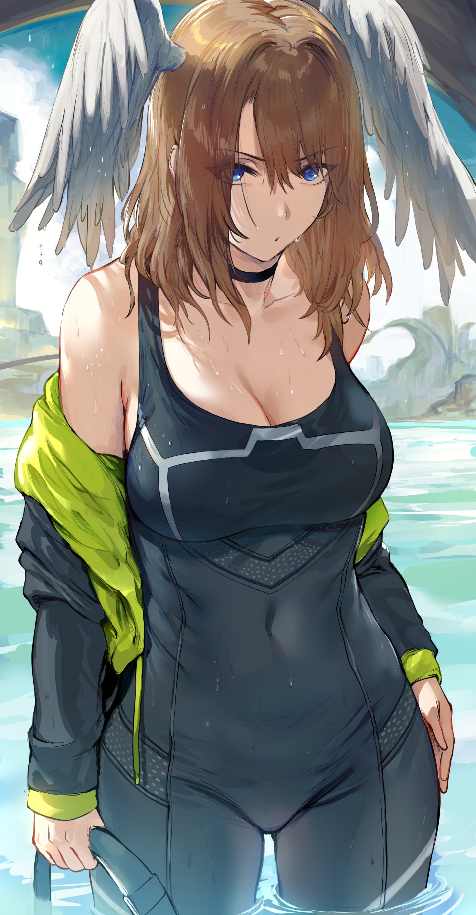 1girls bangs belly belly_button big_breasts black_choker black_jacket blonde_female blonde_hair blue_eyes breast_tattoo breasts choker cleavage collarbone covered_navel eunie_(xenoblade) female female_only head_wings hews_hack hood hoodie jacket large_breasts long_hair looking_at_viewer navel open_clothes open_jacket tattoo water wet wet_body wet_clothes wet_skin wings xenoblade_(series) xenoblade_chronicles_3