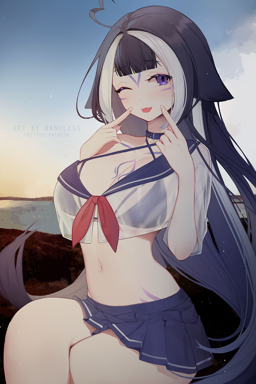 1girls belly belly_button big_breasts blue_hair body_markings bra cartoony choker chussy cleavage face_markings female female_only indie_virtual_youtuber legs_crossed long_hair nanoless orca pointing_at_self purple_eyes ribbon see-through_clothing see-through_shirt shylily sitting skirt solo swimsuit thighs tongue tongue_out virtual_youtuber wet wet_clothes wet_clothing wet_shirt white_hair