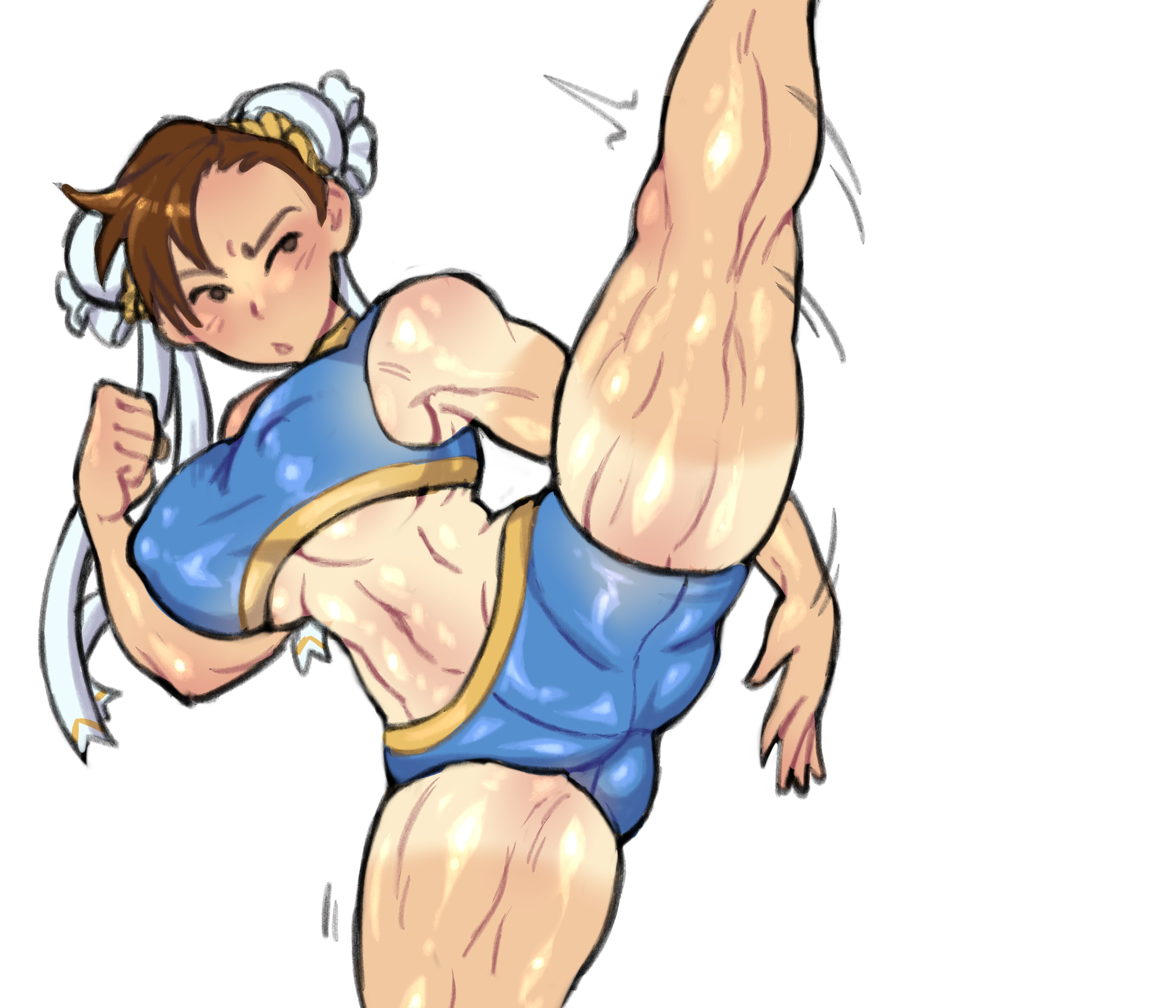 1girls, big breasts, breasts, brown hair, capcom, chun-li, female, female only, hair buns, lastgreendragon, leg up, muscular, muscular female, muscular thighs, nipple bulge, pose, solo, solo female, splits, sportswear, street fighter, very high resolution, white background
