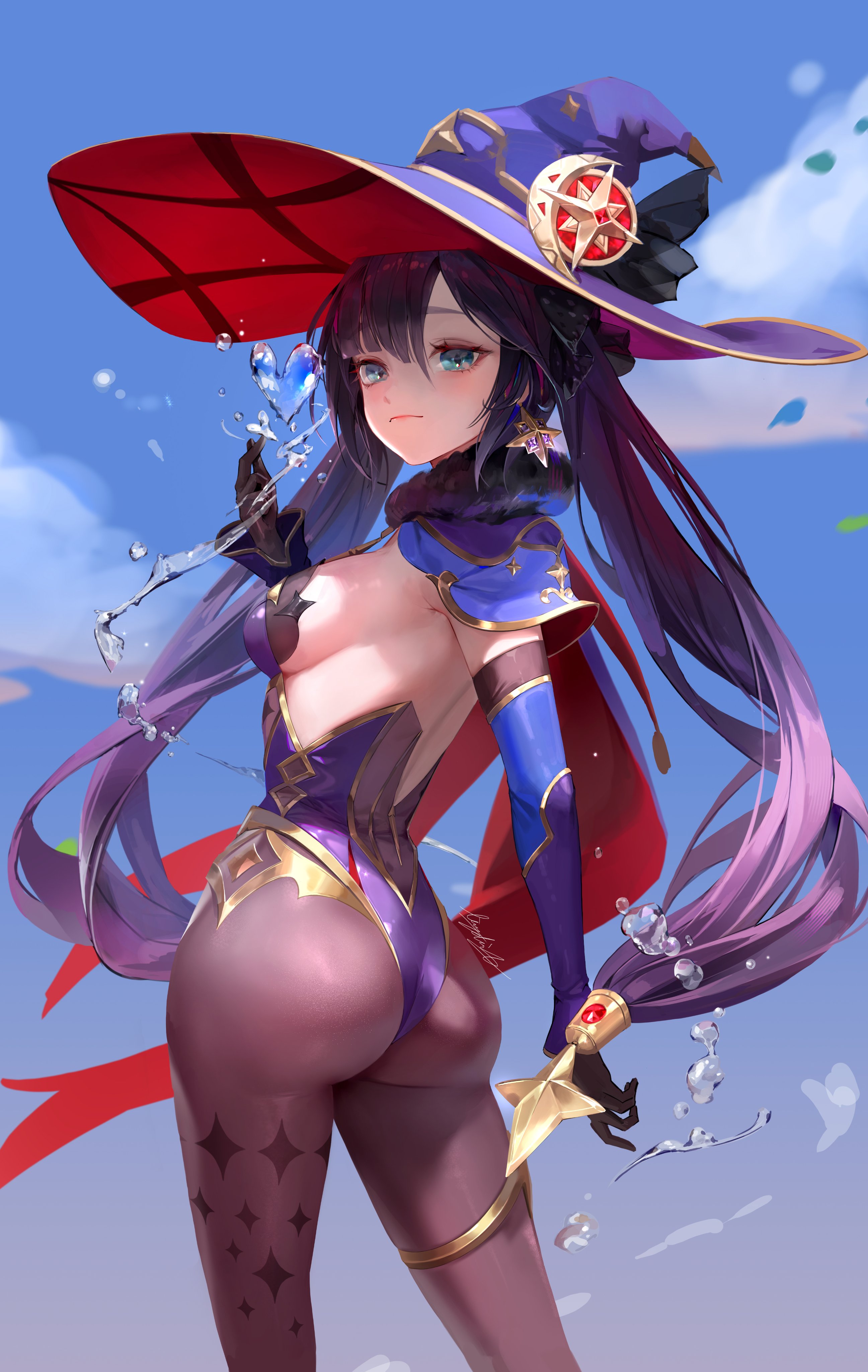 1girls, armpits, ass, blue eyes, breasts, detached sleeves, earrings, female, genshin impact, gloves, hat, heart, jewelry, long hair, looking at viewer, medium breasts, mona (genshin impact), purple hair, solo, thighs, twintails, witch hat