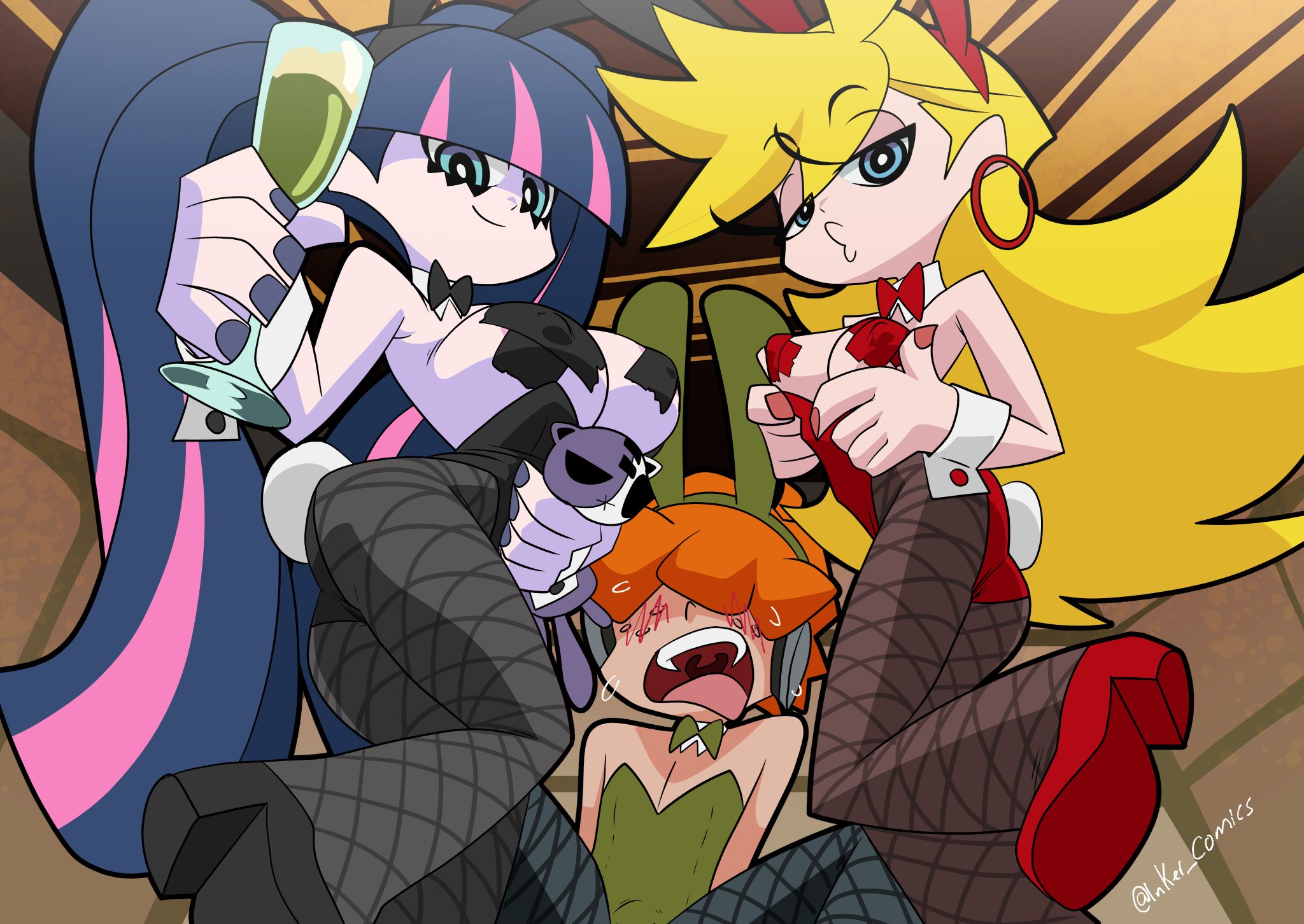 1boy, 2girls, accurate art style, ass, big breasts, blonde hair, blue eyes, blue hair, blush, breasts, briefers rock, bunny boy, bunny girl, bunnysuit, cartoony, coolerinker, crossdressing, female, femboy, fishnets, heels, inker comics, inkershike, light skin, light-skinned female, male, pale skin, pale-skinned female, panty & stocking with garterbelt, panty anarchy, pantyhose, pasties, pink hair, stocking anarchy, tape, whimp