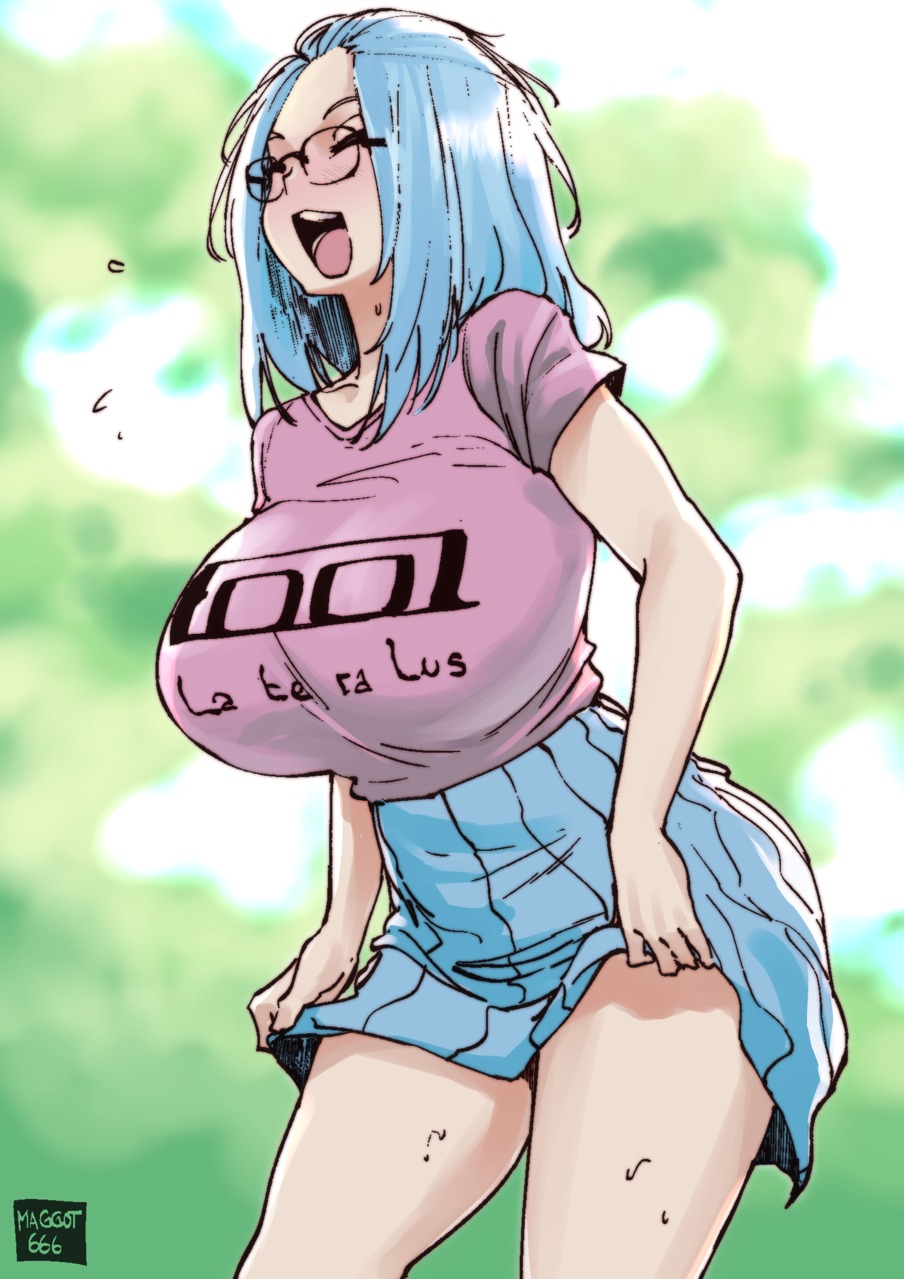 1girls, big breasts, blue hair, breasts, clothed, clothing, color, color edit, edit, female, glasses, inne sulistya robin, irdazin, norman maggot, original, skirt, sole female, solo, solo female, solo focus, sweat, sweaty, sweaty body, third-party edit