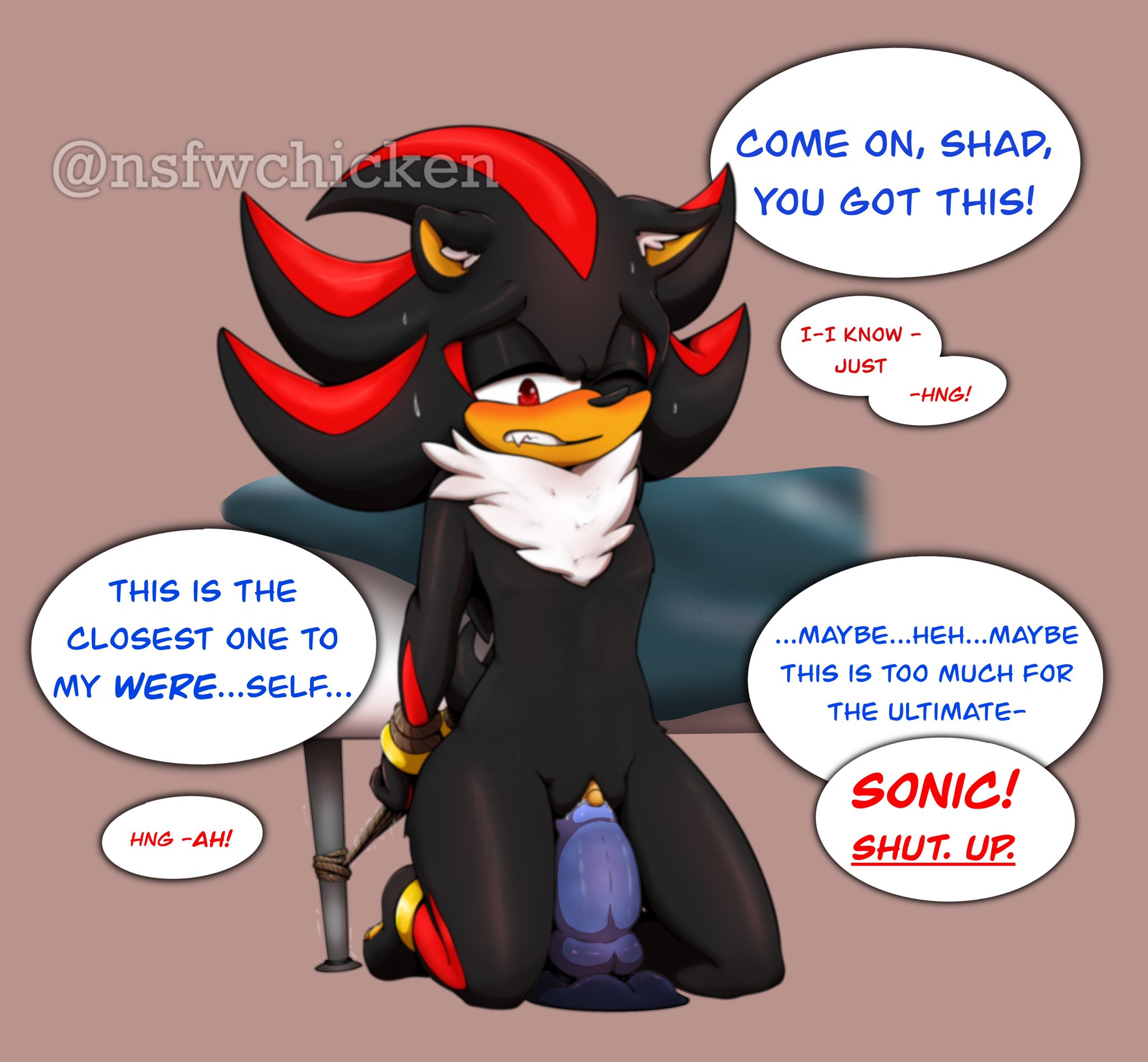 anthro, bondage, cuntboy, dildo, dildo sitting, femboy, furry, intersex, male, pussy, sex toy, shadow the hedgehog, sonic (series), sonic the hedgehog, vagina