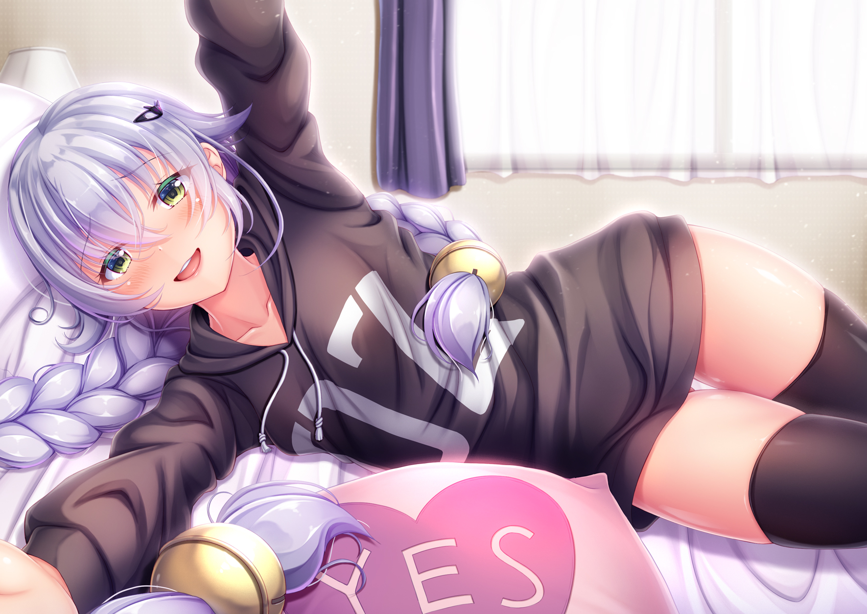 1girls, alternate hairstyle, altina orion, bed, bedroom, black hoodie, black thighhighs, blush, braid, braided hair, clothed, clothed female, eiyuu densetsu, female, female only, green eyes, hiro (725611), hood, hoodie, laying, laying down, laying on side, long hair, looking at viewer, lying, lying down, lying on side, on side, open mouth, oversized clothes, oversized hoodie, pillow, sen no kiseki, sidelocks, silver hair, smile, smiling, smiling at viewer, solo, solo female, thighhighs, thighs, trails of cold steel, white hair