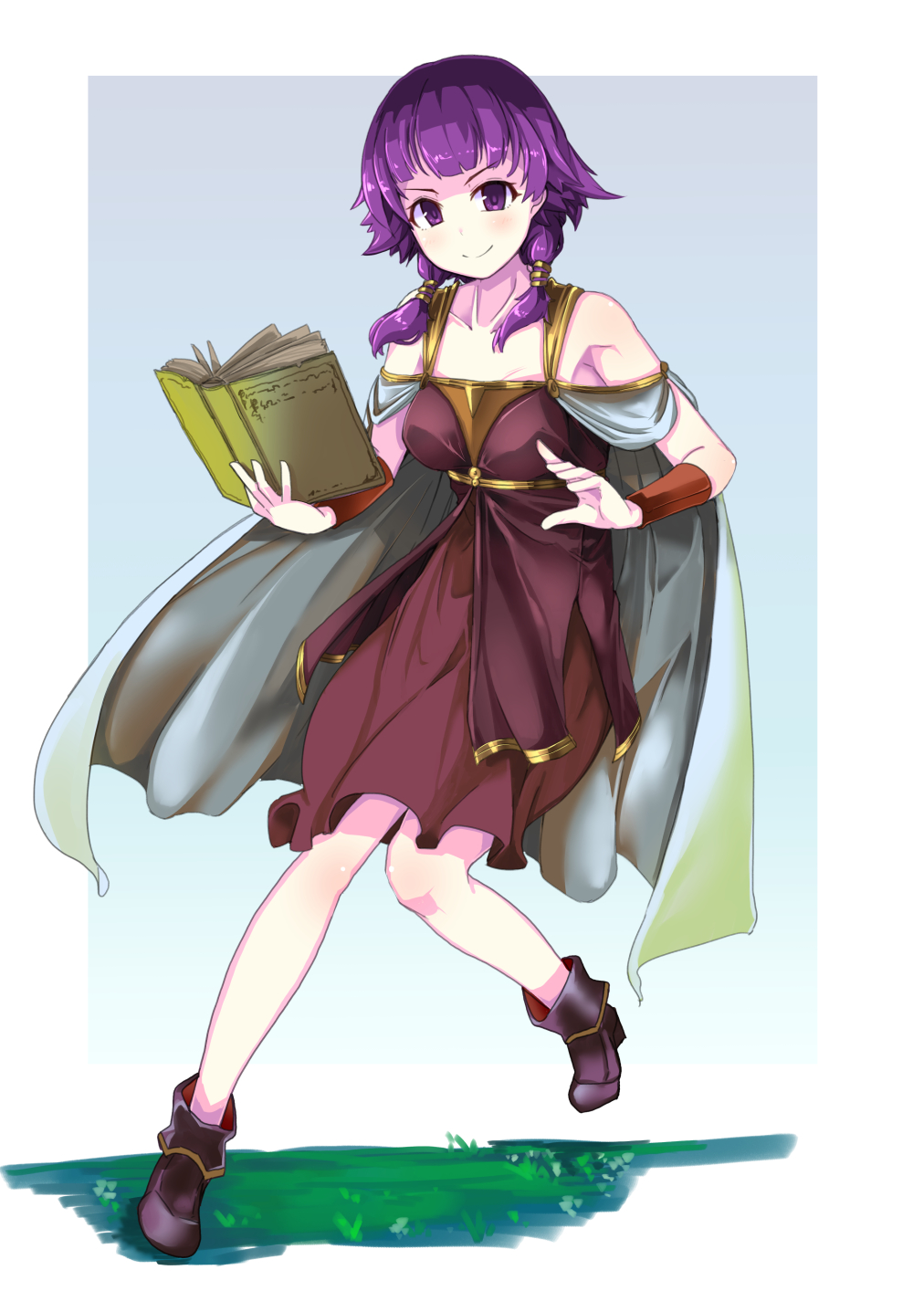 1girls bare_legs bare_shoulders book breasts collarbone commission dress eruichi_(redphantom) female female_only fire_emblem fire_emblem:_the_sacred_stones gradient gradient_background highres holding holding_book legs looking_at_viewer low_twintails lute_(fire_emblem) medium_hair nintendo open_book purple_dress purple_eyes purple_hair shoes simple_background skeb_commission sleeveless sleeveless_dress small_breasts smile solo twintails v-shaped_eyebrows