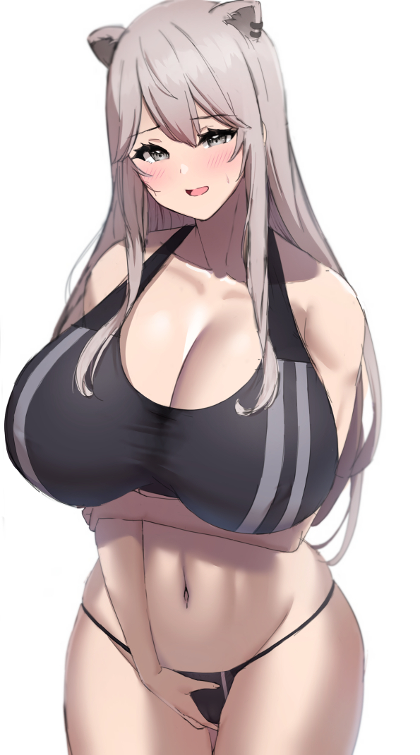 1girls, 2022, alternate breast size, animal ears, arm under breasts, bare shoulders, belly, big breasts, bikini bottom, black bikini bottom, black sports bra, blush, breasts, cameltoe, cleavage, covered nipples, female, grey hair, hololive, hololive gen 5, hololive japan, huge breasts, large breasts, lion ears, lion girl, looking at viewer, navel, pussy, shishiro botan, shumichi, simple background, sports bra, thighs, virtual youtuber, white background