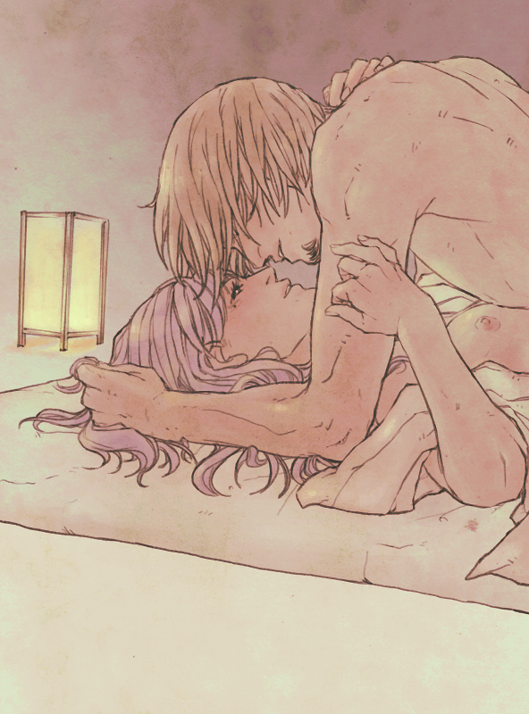 1boy 1girls blush facial_hair female futon gintama goatee hattori_zenzou implied_sex intimate lantern long_hair looking_at_another male missionary_position mole_under_eye nude on_back on_bed partially_clothed passionate purple_hair romantic romantic_ambiance saboten sarutobi_ayame upper_body wholesome