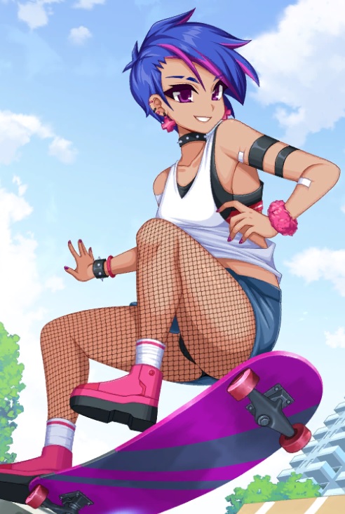 1girls blue_sky choker cloud cross_earrings crush_crush detailed_background ear_piercing earrings female female_focus female_only fishnet_legwear fishnet_stockings fishnets game_cg miniskirt nail_polish nova_(crush_crush) panties purple_hair sad_panda_studios sfw skateboard skirt skirt_up smile smiling solo solo_female solo_focus spiked_bracelet spiky_hair violet_eyes violet_nail_polish