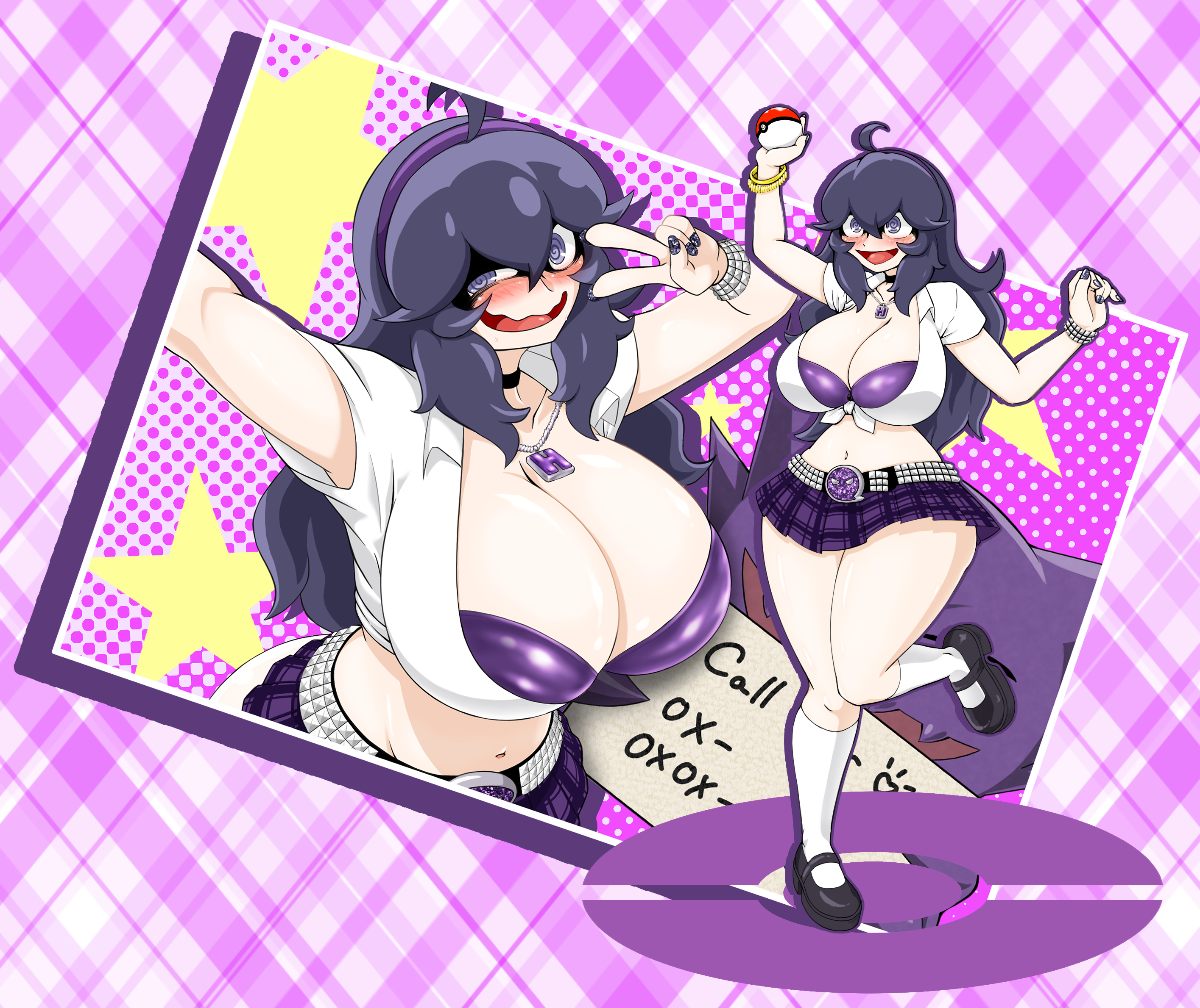 ahoge, ass, barely contained, barely contained breasts, barely fits, blush, bra, bra cups sticking out, bracelet, breasts, breasts too big, bursting breasts, camera, choker, cleavage, female, gyaru, hairband, haunter, hex maniac, huge ass, huge breasts, imminent wardrobe malfunction, messy hair, miniskirt, necklace, nikkana, open mouth, painted nails, pokemon, purple eyes, purple hair, recording, revealing clothes, school uniform, selfie, skirt, smile, spiral eyes, thick thighs, thighs, tied shirt, tight fit, too tight, undersized clothes, undersized clothing, v, very long hair, wavy mouth