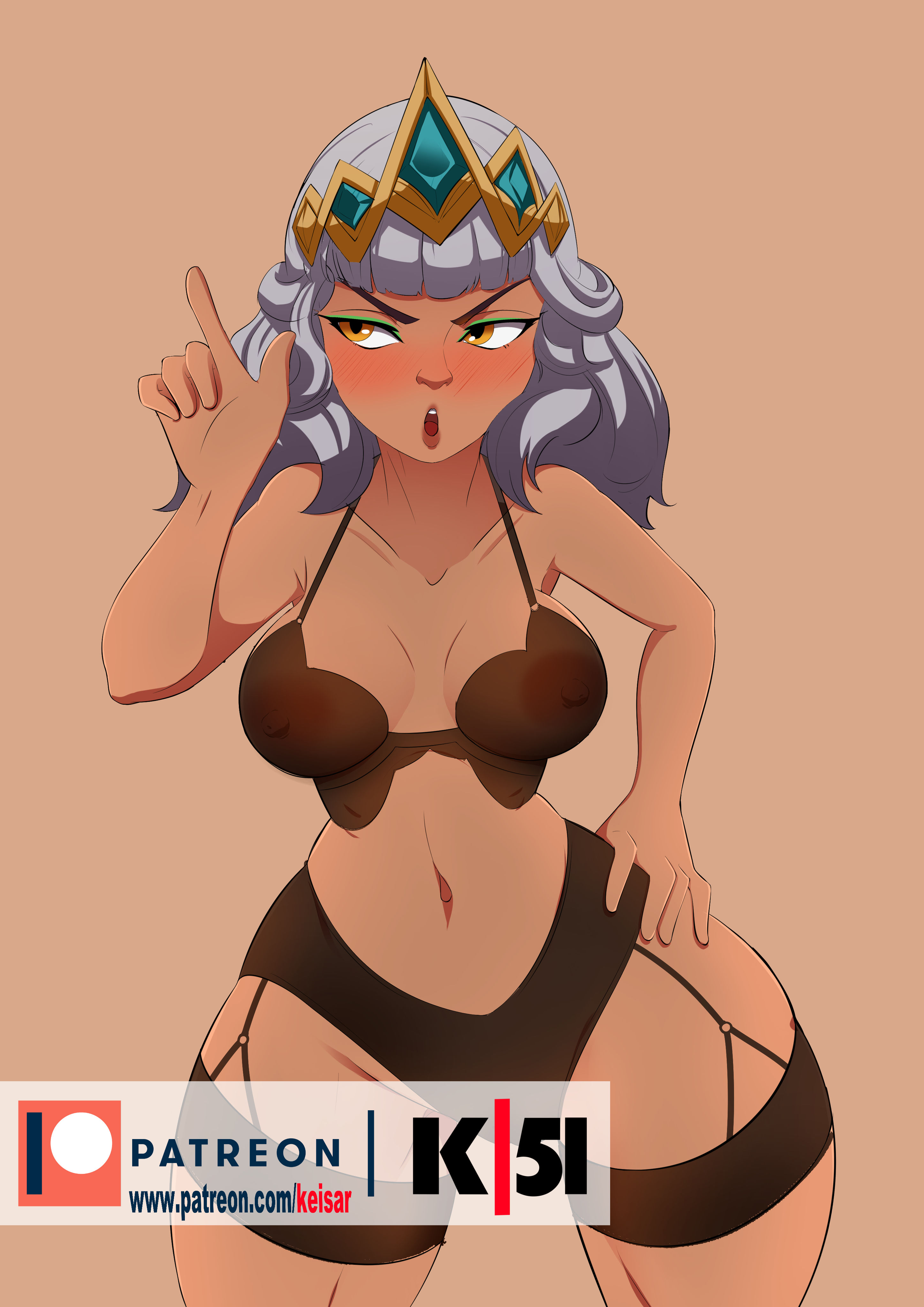 1girls, 2022, black bra, black panties, blush, bra, breasts, female, grey hair, hand on hip, keisar (artist), league of legends, lingerie, looking away, navel, nipples, panties, patreon username, qiyana yunalai, riot games, see-through, see-through clothing, short hair, silver hair, standing, tagme, thick thighs, thighs, tiara, wide hips, yellow eyes