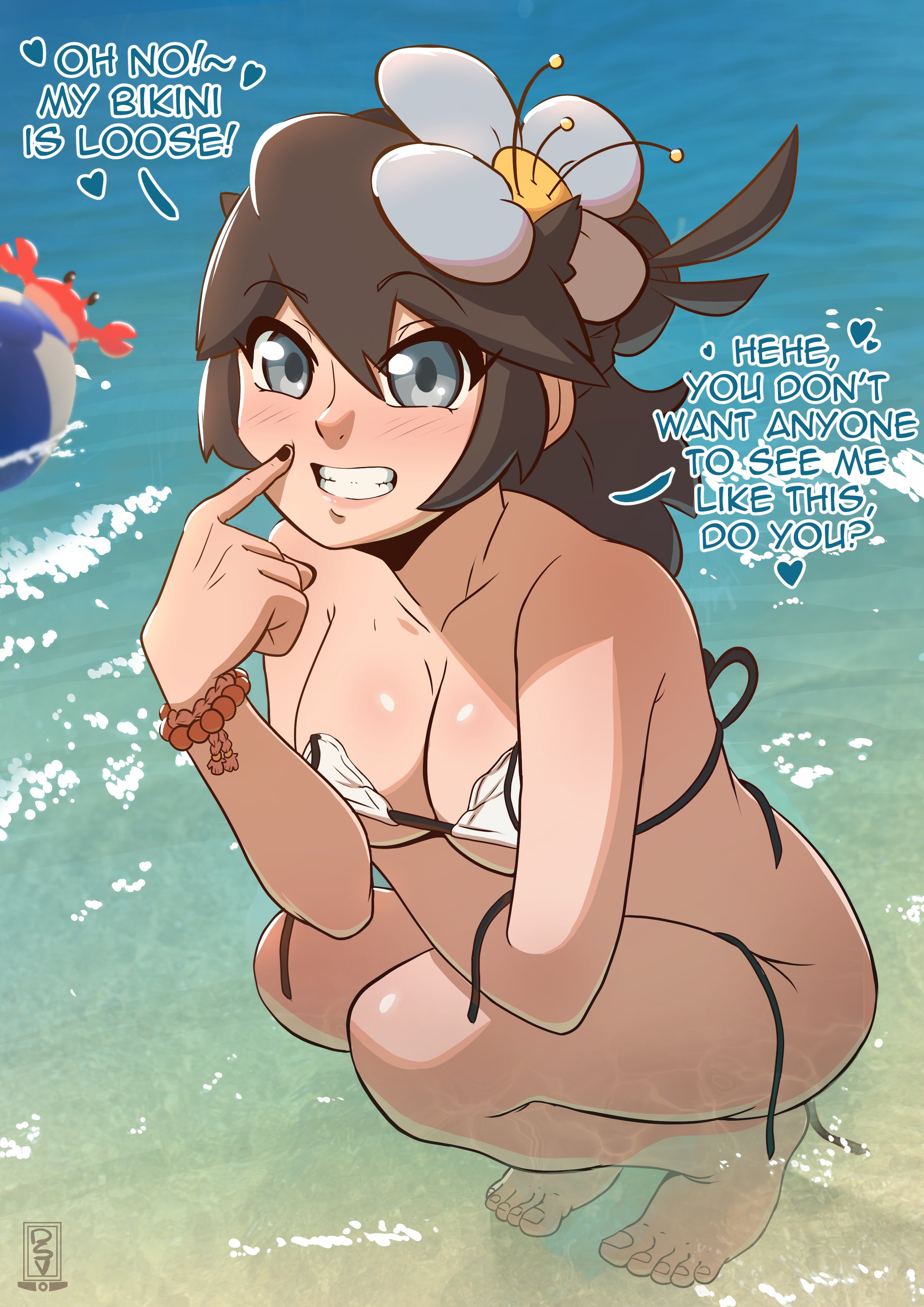 1girls, barefoot, beach, beach ball, bikini, black hair, blue eyes, blush, borrowed character, breasts, cleavage, crab, deus vulv, english text, female, flower, flower in hair, grin, looking at viewer, lucia (scott malin), outside, painted nails, side-tie bikini, squatting, tagme, text, thighs, wardrobe malfunction, white bikini