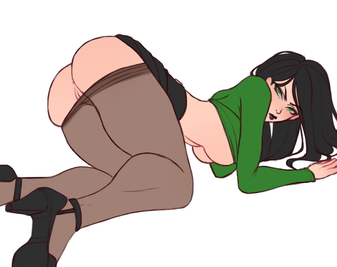 ass, black hair, breasts, disney, disney channel, face down ass up, female, female only, green eyes, kim possible, large breasts, long hair, long sleeves, looking at viewer, looking back, pufikn, pussy, shego, skirt up, stockings, underboob