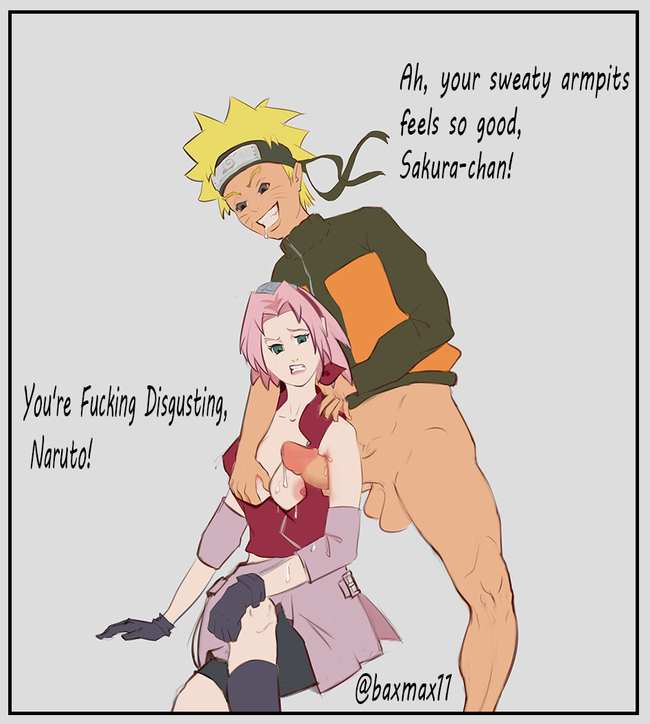 1boy 1girls annoyed annoyed_expression armpit armpit_fetish armpit_sex armpits bottomless breast_grab breasts_out dialogue disgusted english_text excited female human kink male naruto naruto_shippuden penis precum precum_drip sakura_haruno small_breasts text uzumaki_naruto white_skin