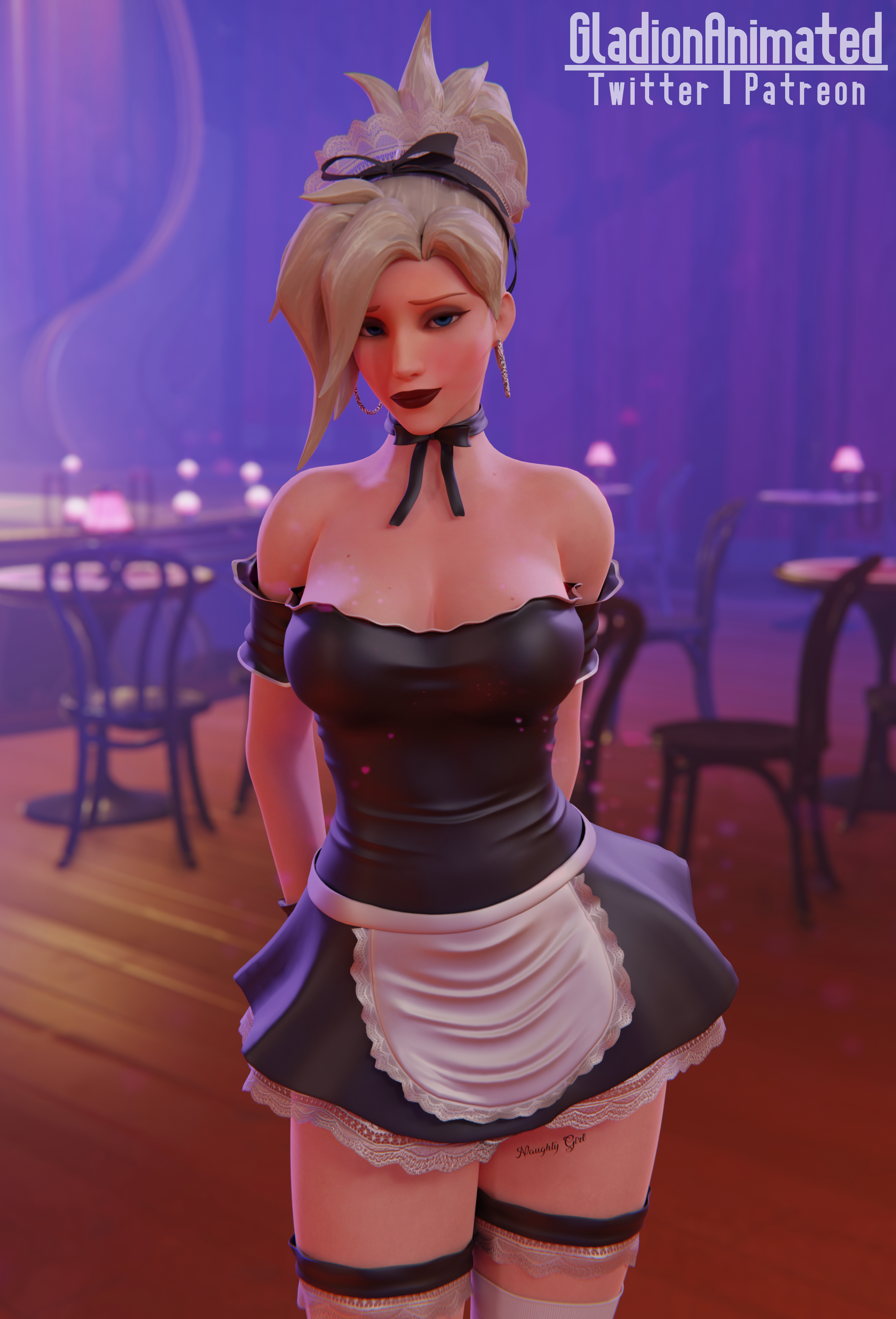 1girls, 3d, 3d (artwork), alternate costume, big breasts, blender, blender (software), blonde female, blonde hair, blue eyes, blush, blushing at viewer, bow, bowtie, breasts, cleavage, curvy, earrings, eye contact, female, female only, flushed, flushed face, gladionanimated, hands behind back, headwear, light skin, light-skinned female, looking at viewer, maid, maid apron, maid outfit, maid uniform, mercy, no bra, overwatch, pale skin, pale-skinned female, red lips, red lipstick, shy, solo, solo female, solo focus, tattoo, thick thighs, thighs