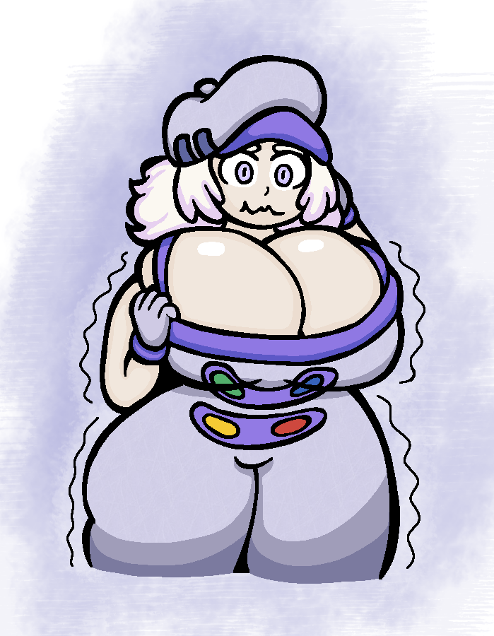 /ctt/ clothed confusion console-tan embarrassed from_behind hand_on_collar hand_on_head hourglass_expansion hourglass_figure huge_ass huge_breasts humanization humanized nintendo no_bra overalls snes snes-tan