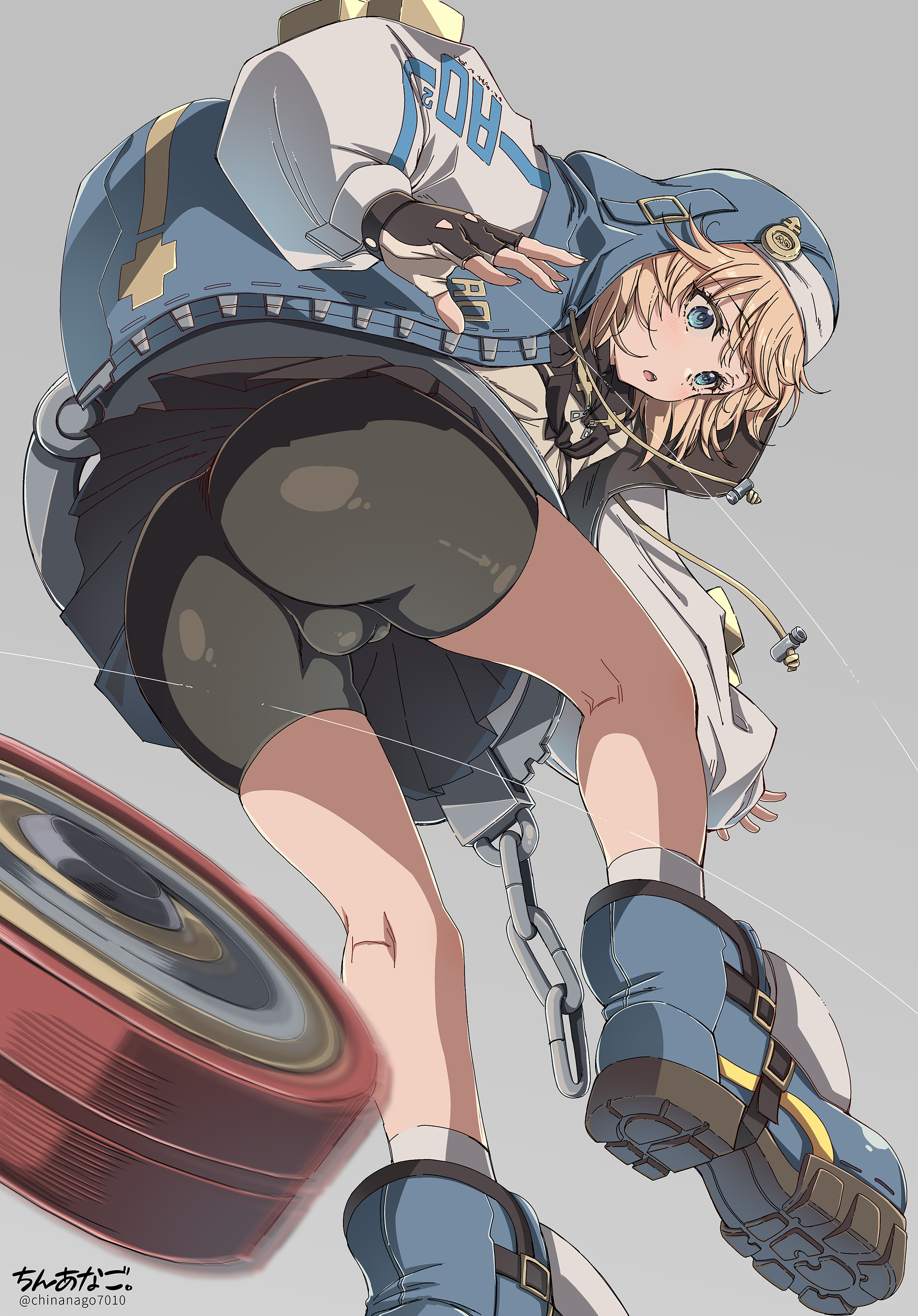 1boy, ass, backsack, balls, ballsack, blonde hair, blue eyes, bridget, bulge, chinanago7010, femboy, fingerless gloves, full body, guilty gear, guilty gear strive, light skin, low-angle view, male, male only, medium hair, motion blur, penis, penis bulge, shorts, simple background, solo, spandex shorts, thighs, tight clothing, trap, yo-yo