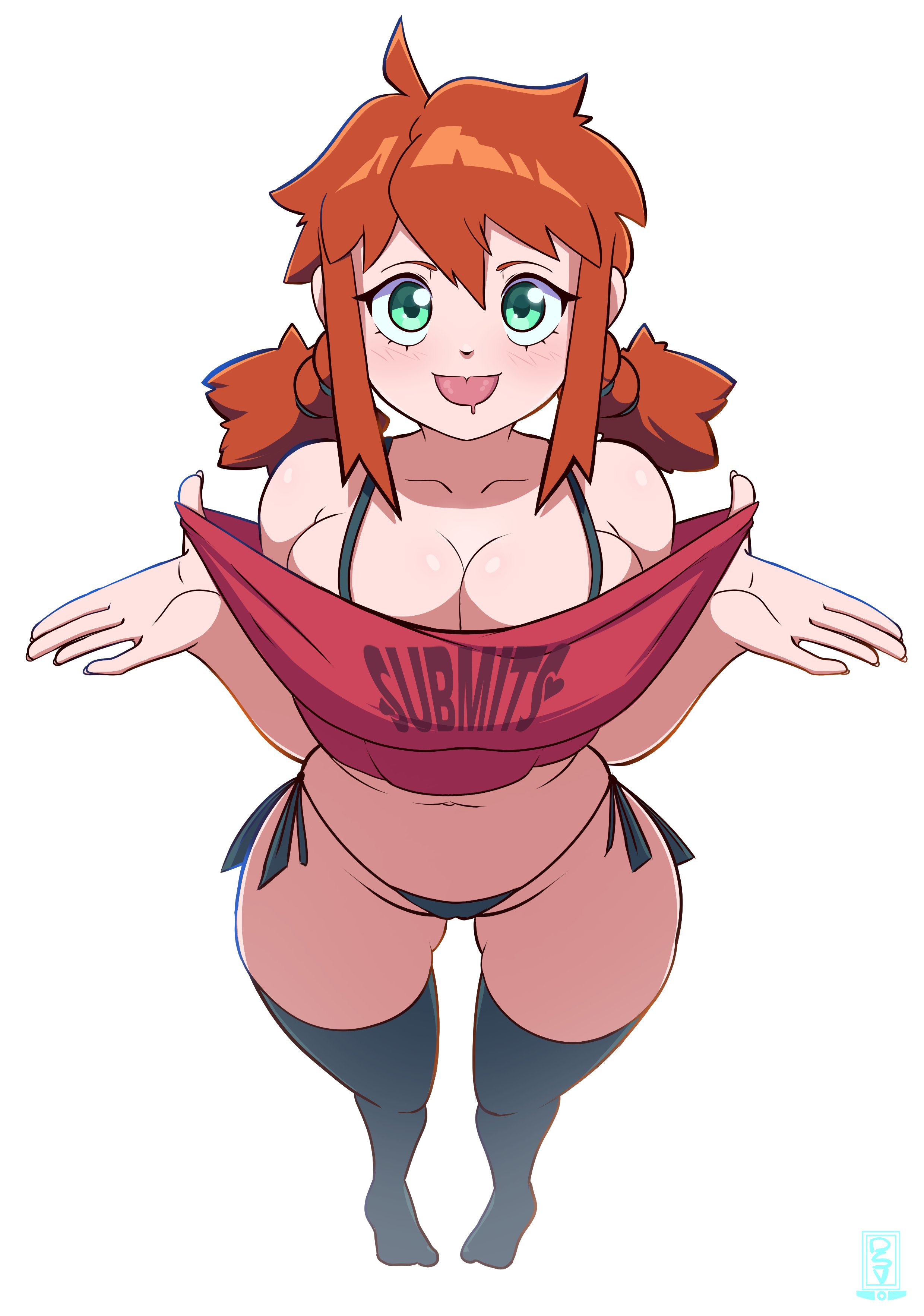 1girls, 2022, black bra, black panties, blush, bra, bra strap, breasts, cleavage, deus vulv, female, from above, green eyes, looking at viewer, navel, no pants, no shoes, original, panties, red hair, saliva, shirt, shirt pull, short hair, side-tie panties, standing, tagme, thighhighs, thighs, tongue, tongue out