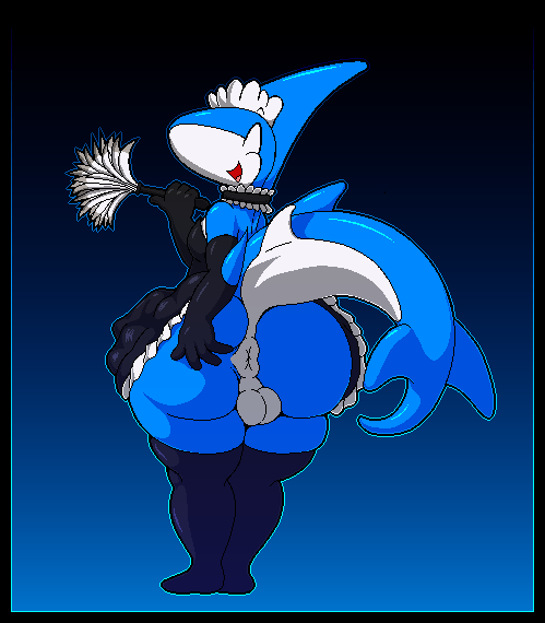 anthro anus ass backsack balls big_butt blue_body blue_skin clothed clothing digital_media_(artwork) fish genitals girly hand_on_butt legwear looking_back maid_uniform male marine multicolored_body nimble_(toongstar) presenting presenting_hindquarters shark simple_background smile solo spread_butt spreading thick_thighs toongstar two_tone_body uniform white_body wide_hips