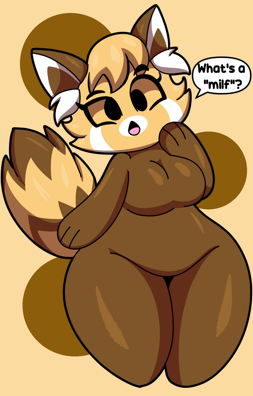 ?, ailurid, anthro, big breasts, black eyes, breasts, brown body, chikn nuggit, confused, featureless breasts, female, hair, head tilt, looking at viewer, mammal, no nipples, nude, open mouth, question mark, red panda, sassparilla (chikn nuggit), slightly chubby, solo, someth1ngoranother, speech bubble, tan hair, text, text bubble, thick hips, wide hips