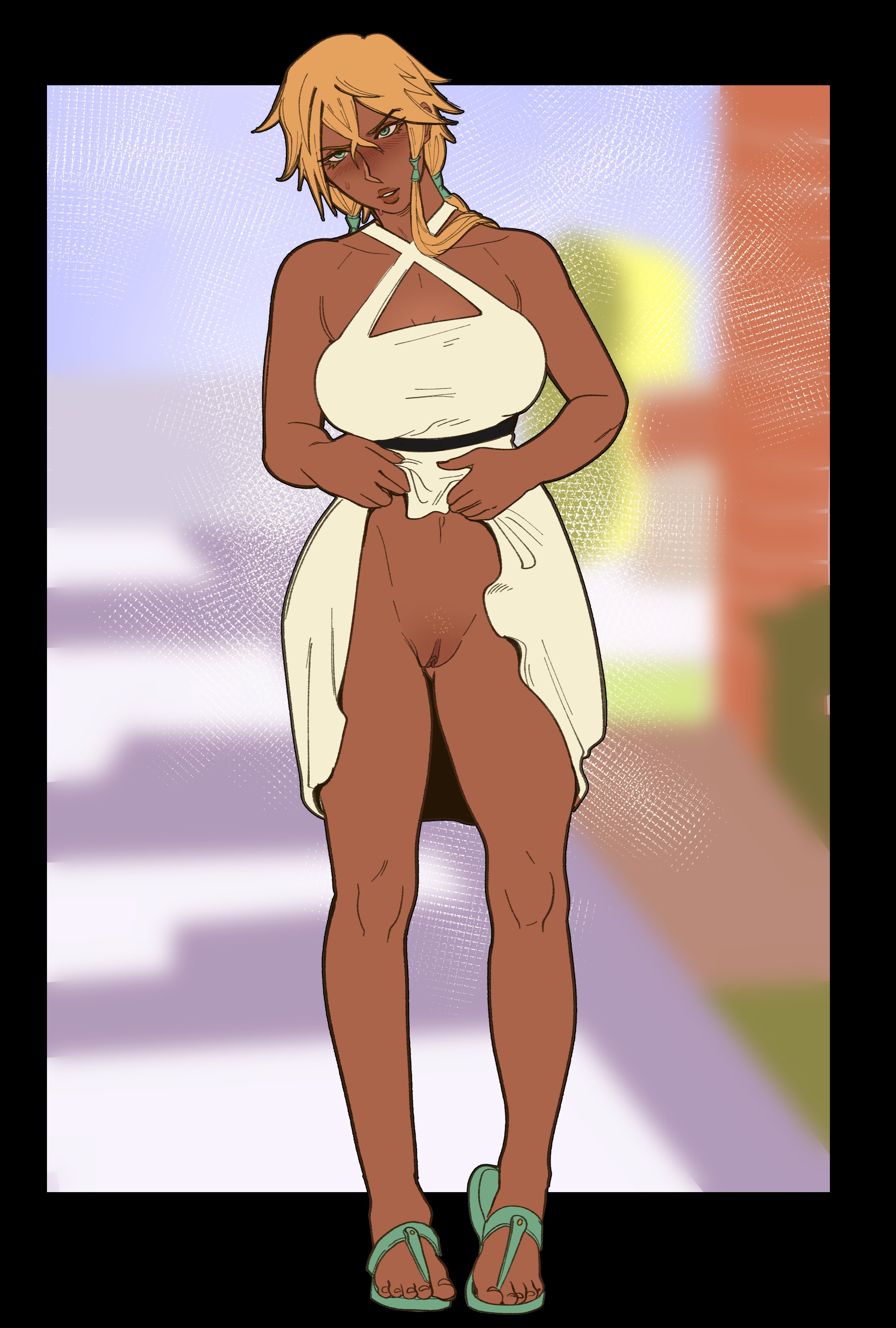 1girls, bleach, blonde female, blonde hair, blonde pubic hair, breasts, dark skin, dark-skinned female, dress lift, feet, female, female only, flashing, full body, large breasts, nastacicnsfw, no panties, pubes, pubic hair, pubic stubble, pussy, sandals, skirt lift, solo, standing, tia harribel, upskirt