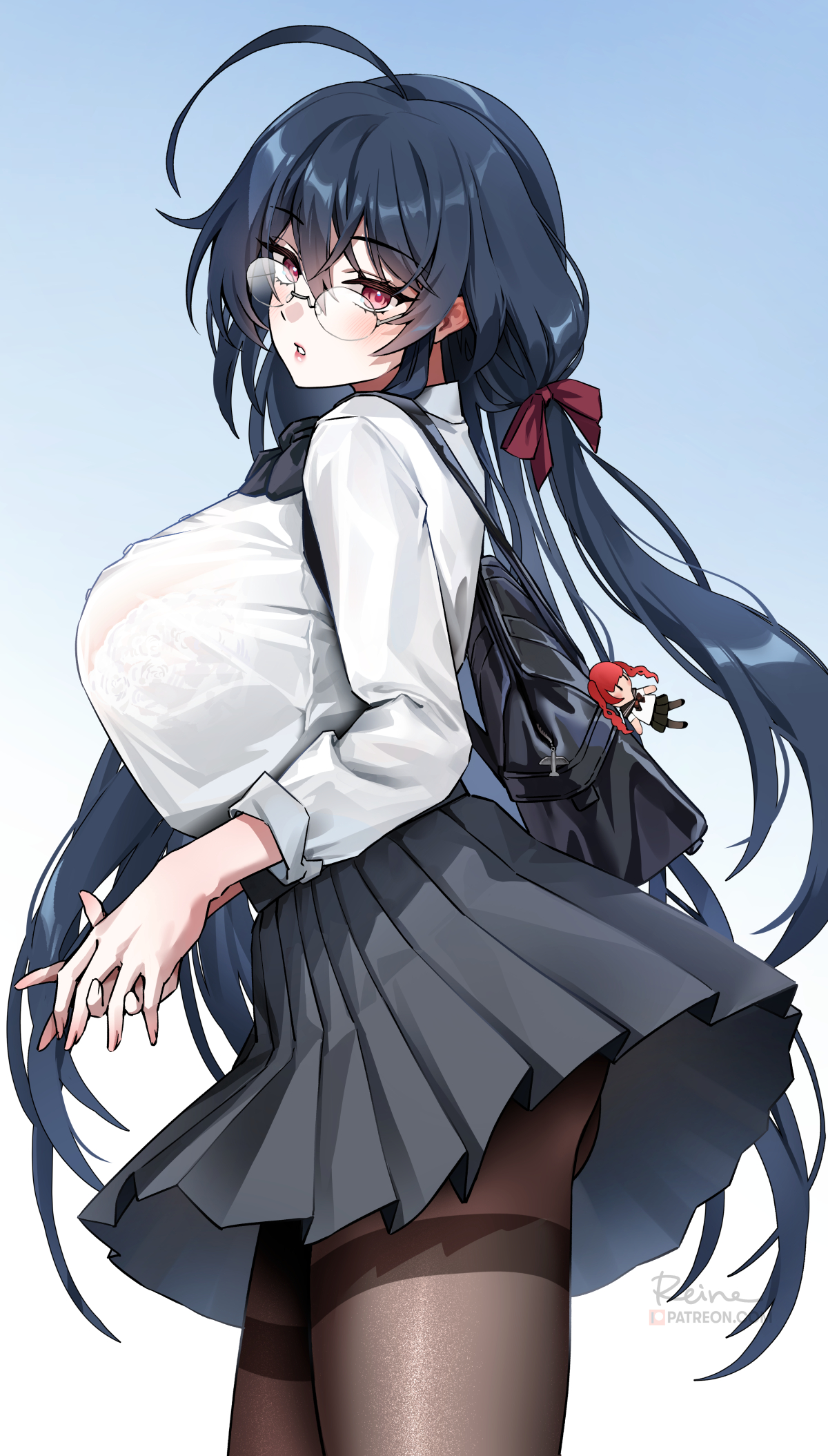 1girls, 2022, ahoge, azur lane, black hair, blush, bra, bra visible through clothes, breasts, female, female only, foxy rain (foxyreine), foxyrain (foxyreine), foxyreine, glasses, hi res, huge breasts, long hair, pantyhose, red eyes, school uniform, schoolgirl, short skirt, sideboob, skirt, taihou (azur lane), taihou (sweet time after school) (azur lane), twintails
