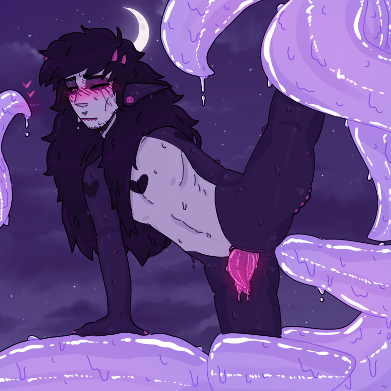 alien_genitalia black_body black_hair body_markings earrings facial_hair himmuel horns long_ears long_hair male male_only male_penetrated markings original original_character original_characters pink_eyes tentacle tentacle_genitalia tentacle_sex