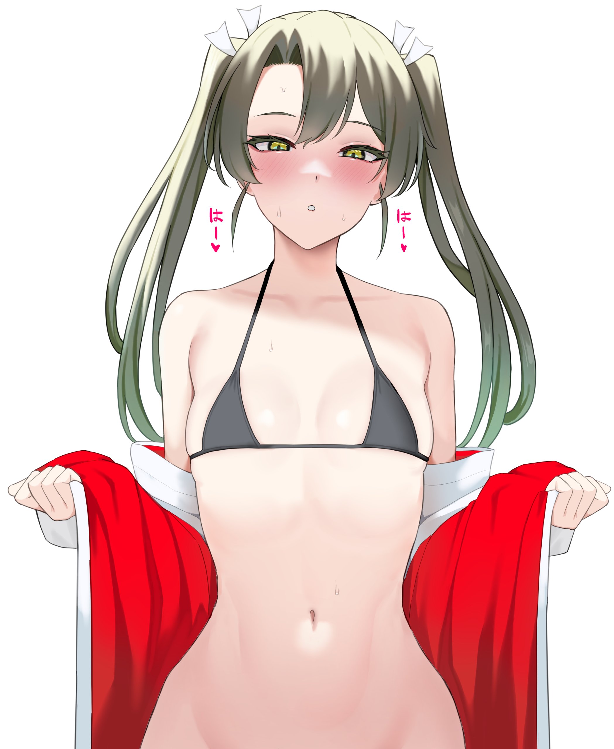 absurdres, bikini, bikini top only, blush, breasts, female, hair ribbon, highres, kantai collection, long hair, looking at viewer, navel, ribbon, simple background, small breasts, solo, sweat, swimsuit, takaman (gaffe), twintails, white background, zuikaku (kantai collection)