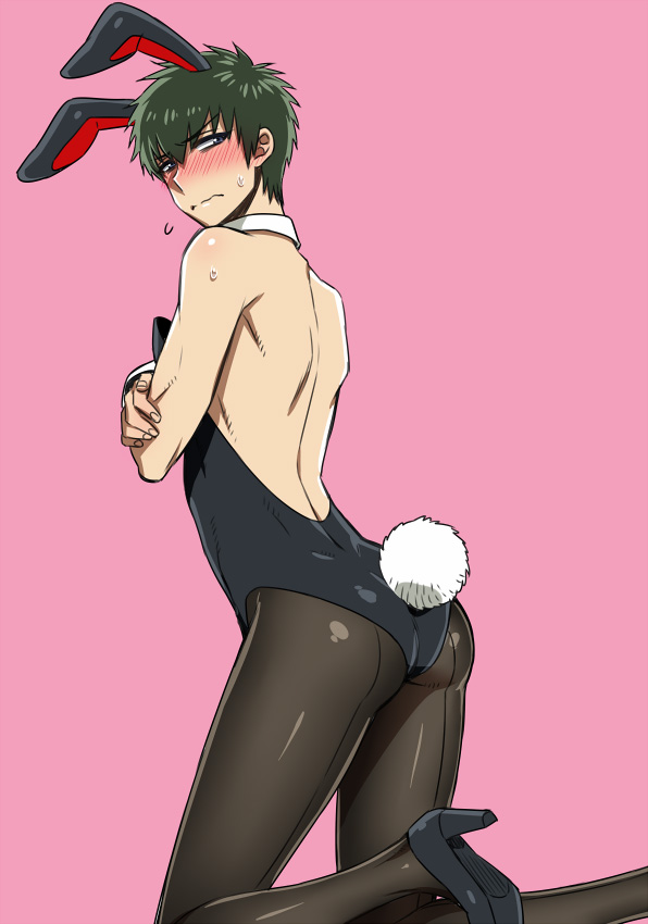 alternate_costume black_hair blush bubble_butt bunny_boy bunny_ears bunny_tail bunnysuit crossdressing crossed_arms dark_green_hair dark_hair detached_collar embarrassed gintama green_hair high_heels hijikata_toshiro humiliation inukkoro kneeling looking_back male male_only male_playboy_bunny pantyhose pink_background rear_view solo sweatdrop twink wavy_mouth