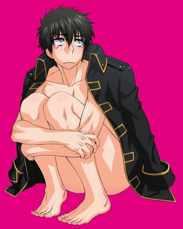 barefoot black_hair crouching crying_with_eyes_open frown full_body gintama hijikata_toshiro inukkoro jacket jacket_on_shoulders knees_up male male_only military_jacket mostly_nude open_jacket partially_clothed pink_background police_uniform shinsengumi_(gintama) sitting solo tears uniform wavy_mouth