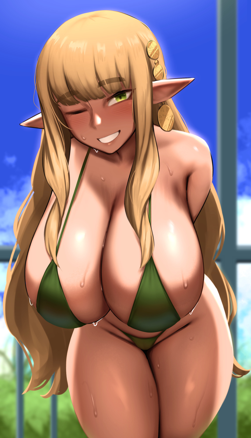 1girls, 2022, bikini, blonde female, blonde hair, breasts, character request, cleavage, copyright request, elf, elf ears, elf female, female, female only, green bikini, green eyes, hips, huge breasts, leaning forward, light skin, light-skinned female, long ears, long hair, massive breasts, outdoors, pointy ears, roresu, smile, thick thighs, thighs, wet, wet body, wet breasts, wide hips, wink
