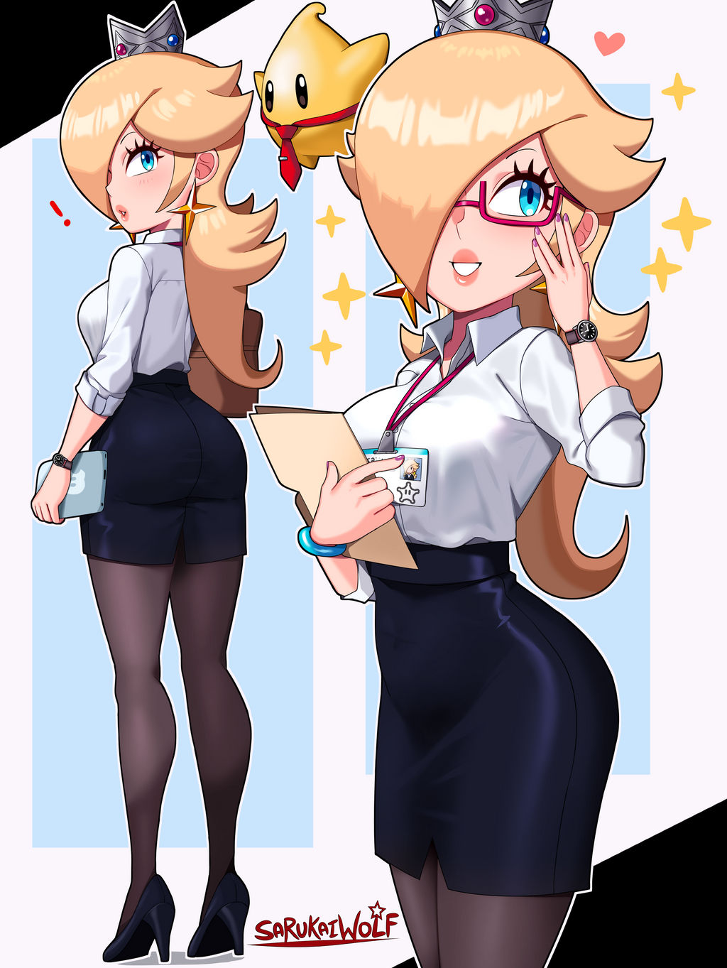 1girls ass ass_in_dress bimbo blonde_female blonde_hair blue_bracelet blue_eyes bracelet breasts crown earrings eyelashes female female_only folder fully_clothed glasses hair_over_one_eye high_heels holding_folder lanyard large_breasts luma mario_(series) name_tag necktie nintendo office_lady open_collar painted_fingernails pantyhose pencil_skirt princess_rosalina sarukaiwolf secretary shirt skirt solo watch white_shirt wristwatch