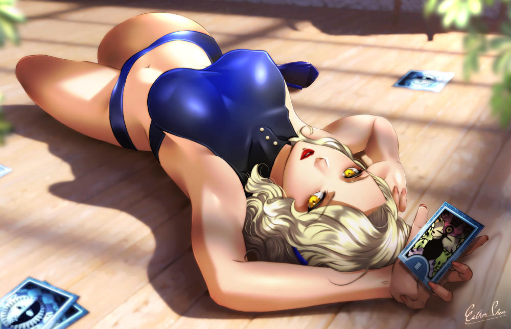 bikini blonde_female blonde_hair blue_bikini blue_hairband blue_high_heels blue_swimsuit breasts esther-shen female hairband high_heels holding_card large_breasts makeup margaret_(persona) navel outside persona persona_4 plant short_hair swimsuit tarot_card yellow_eyes