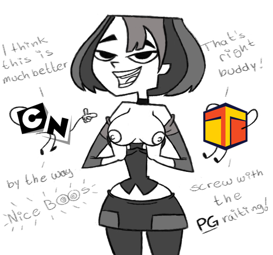 1girls breasts cartoon_network clothing female flashing gwen_(tdi) logo looking_at_viewer mostly_clothed solo teletoon text thenewguy total_drama_island