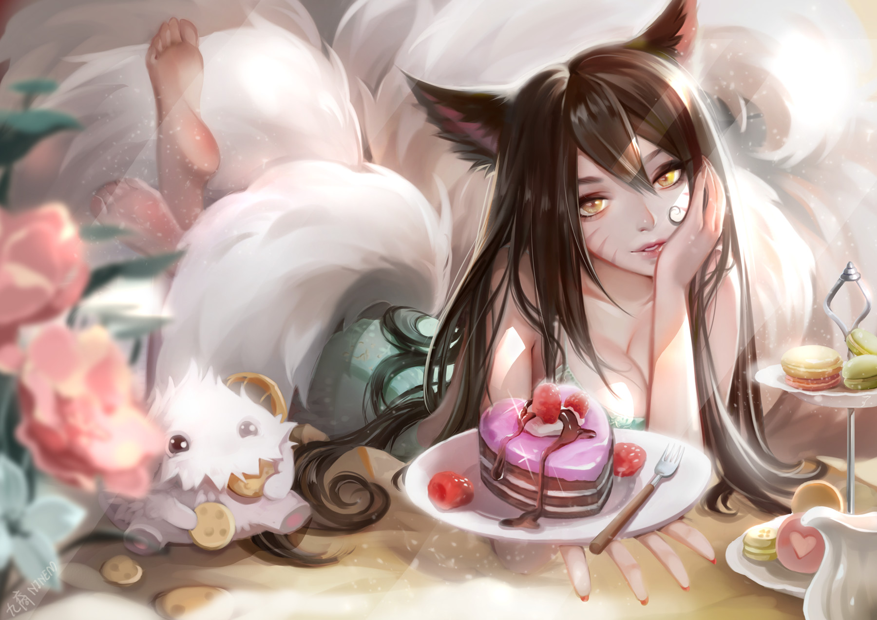9thmonster, ahri, animal ear fluff, animal ears, animal girl, big breasts, black hair, breasts, busty, cleavage, clothing, eyelashes, eyeliner, eyeshadow, facial markings, female, fluffy, fluffy ears, fluffy tail, fluffy tails, fox, fox ears, fox girl, fox tail, furry tail, humanoid, inner ear fluff, kemonomimi, kitsune, large breasts, league of legends, light skin, light-skinned female, lips, lipstick, long hair, multi tail, nine tailed fox, pale skin, pale-skinned female, riot games, smile, smiling, smiling at viewer, tail, vastaya, video games, yellow eyes