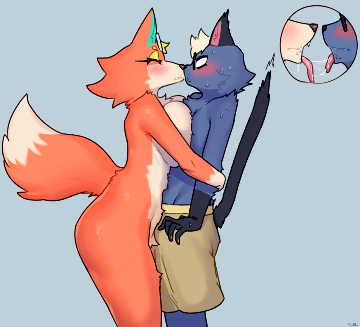 animal crossing, audie (animal crossing), big breasts, blush, breasts, cat, cat boy, cat tail, female, furry, glasses, kissing, nintendo, nude, orange fur, pants, raymond (animal crossing), saliva, saliva trail, sususuigi, tagme, wolf, wolf ears, wolf girl, wolf tail