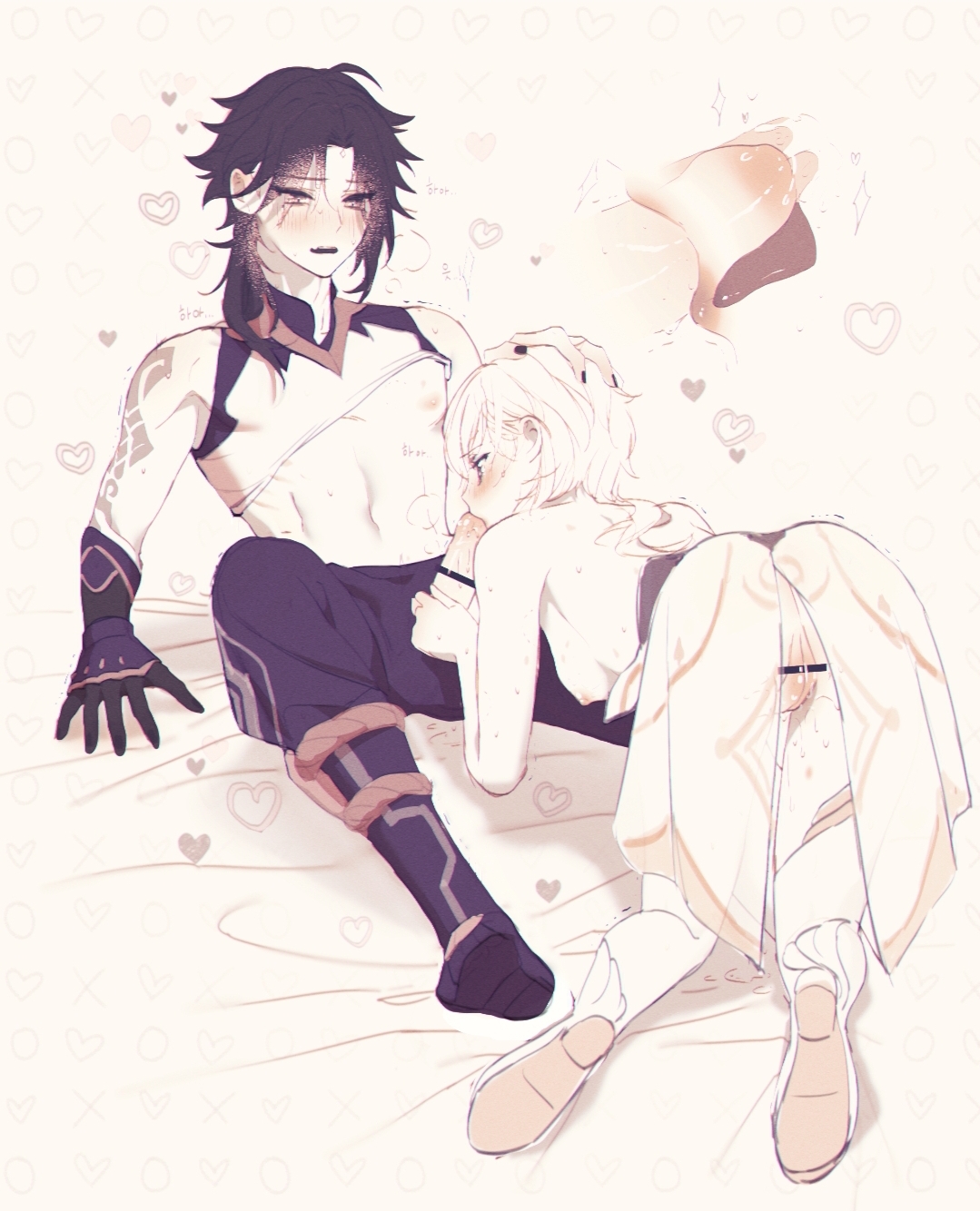 black bars, blowjob, censor bar, censored, censored penis, censored pussy, female, female focus, genshin impact, gloves, lumine (genshin impact), male, male ahegao, male focus, penis, pleasure face, pussy, shirt up, tagme, white background, xiao (genshin impact)