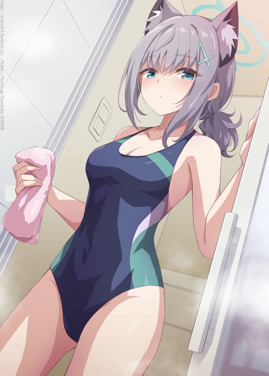 blue archive, blue eyes, grey hair, halo, shiroko (blue archive), shiroko (swimsuit) (blue archive), swimsuit, wolf ears