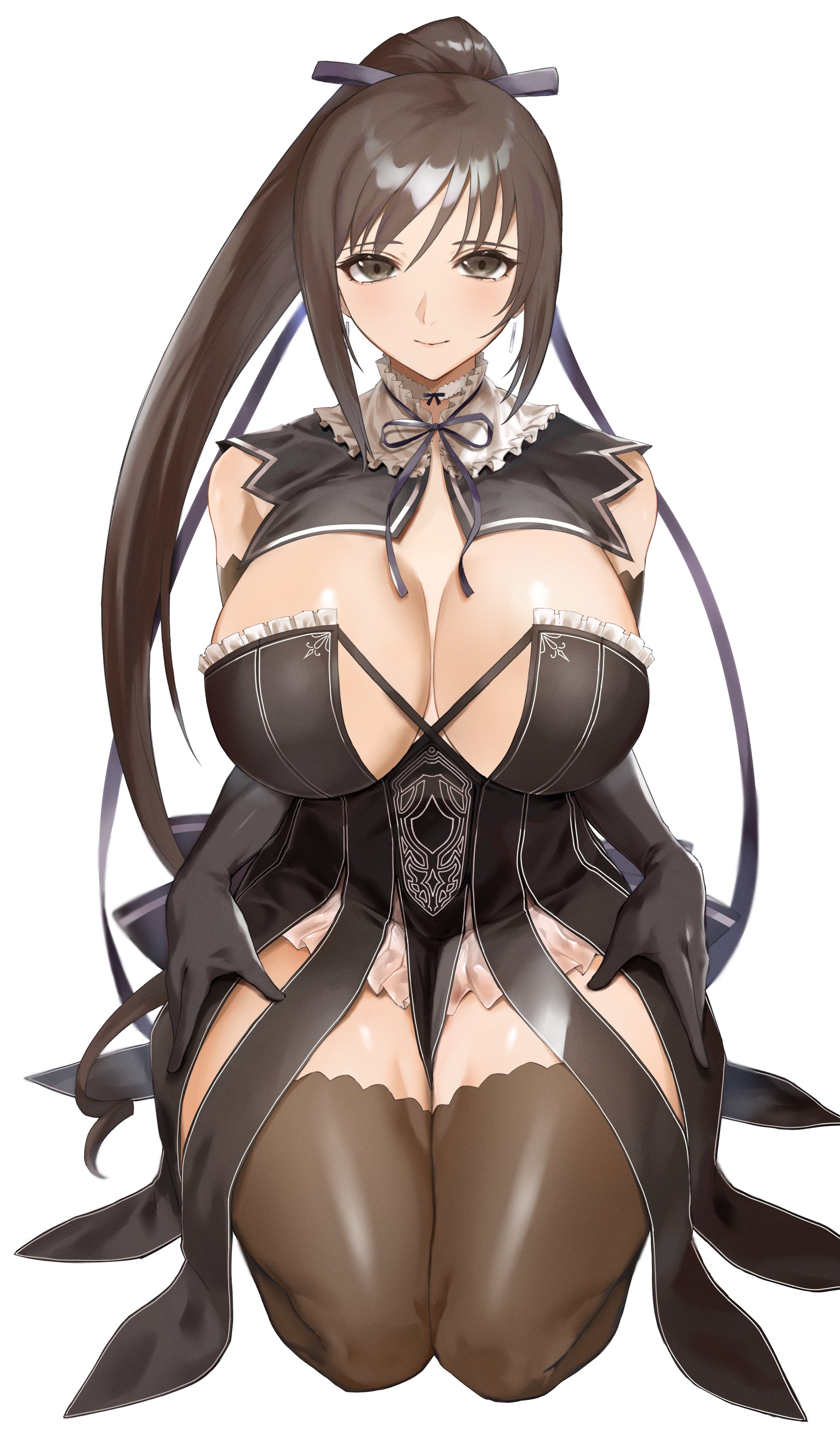 1girls, armwear, big breasts, big thighs, black armwear, black gloves, blush, breasts, brown eyes, brown hair, busty, curves, curvy, curvy body, curvy figure, earrings, female, female only, gloves, hands on thighs, huge breasts, huge thighs, kataku musou, knees, large breasts, large thighs, light blush, maxima enfield, on knees, ponytail, revealing clothes, slight blush, smile, smiling, tagme, thick, thick thighs, thigh highs, thighhighs, white background, wide thighs