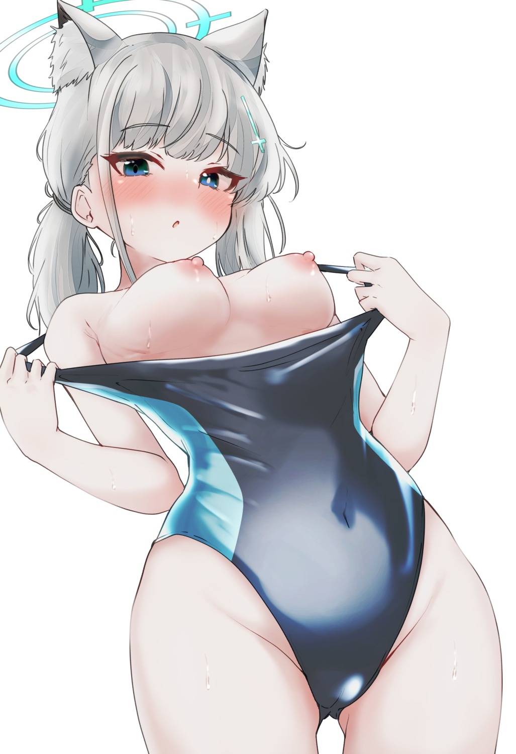 blue archive, blue eyes, fox ears, grey hair, halo, shiroko (blue archive), shiroko (swimsuit) (blue archive)