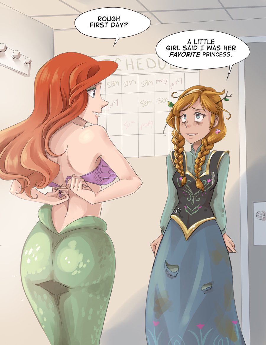 2girls, anna (frozen), ariel, ass, backboob, bra, breasts, clothing, comedy, comic, disney, dress, female, female only, frozen (film), merfolk, mermaid, mermaid tail, phant0m knight, safe, small breasts, the little mermaid