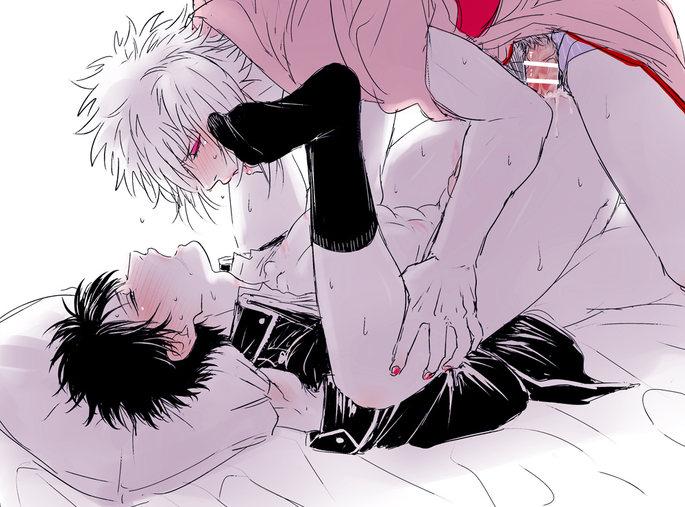 2boys anal anal_sex ass_up bar_censor blush bottomless canon_crossdressing crossdressing drag_queen feet_up gay gintama gintoki_sakata hijikata_toshiro josou_seme kimono legs_held_open looking_pleasured makeup male male_only mame_(pixiv) nail_polish official_alternate_costume on_back on_bed open_mouth paako penis pillow_grab pleasure_face restricted_palette sweat yaoi