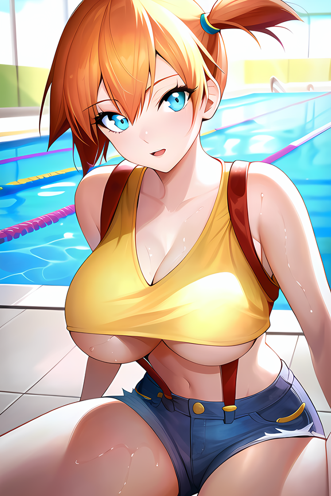 ai_generated bangs blue_eyes breasts cleavage collarbone cranpeach crop_top denim denim_shorts eyebrows_visible_through_hair female hair_between_eyes hair_tie kasumi_(pokemon) large_breasts looking_at_viewer misty_(pokemon) navel nintendo open_mouth orange_hair pokemon pokemon_(anime) pokemon_rgby pool poolside short_hair short_shorts shorts side_ponytail sitting solo stable_diffusion suspenders tank_top tiles underboob water wet yellow_shirt