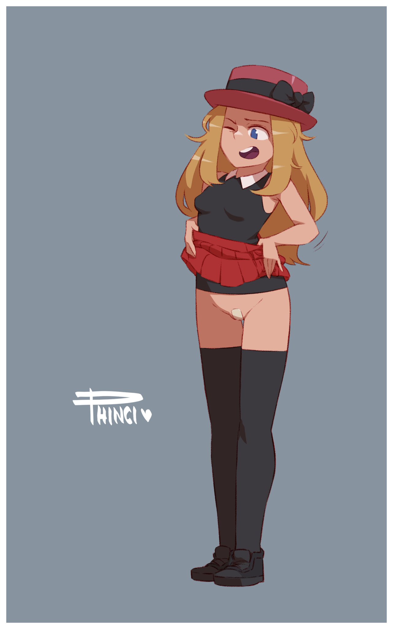 1girls, bandaid, bandaid on pussy, bare shoulders, blonde hair, blue eyes, female, flashing, hat, light skin, light-skinned female, one eye closed, open mouth, phinci, pokemon, presenting, pussy, serena (pokemon), shoes, shoulders, simple background, skirt, skirt lift, solo, stockings, tagme, thighhighs, thighs, wink, winking