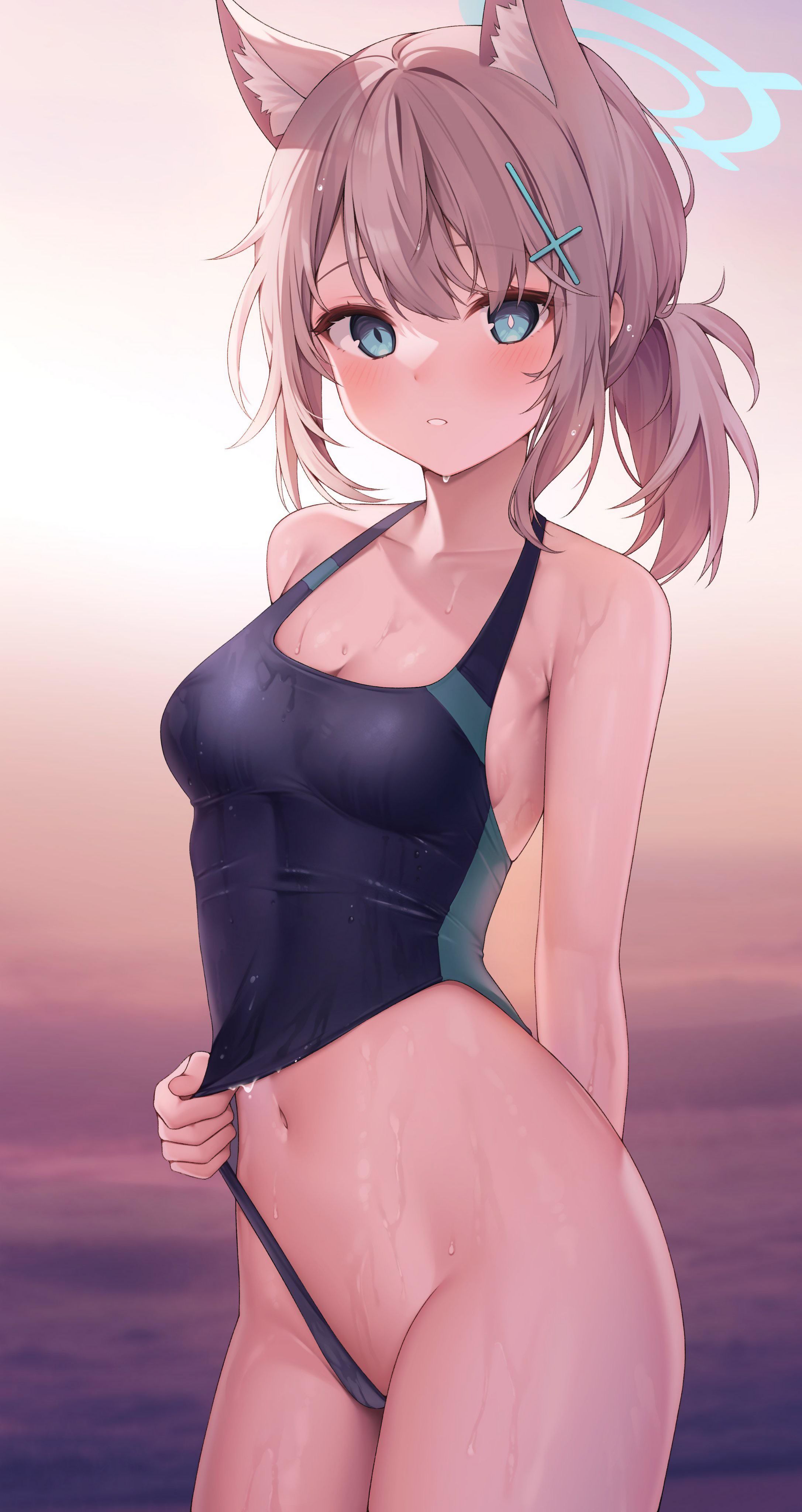 blue archive, blue eyes, fox ears, grey hair, halo, shiroko (blue archive), shiroko (swimsuit) (blue archive)